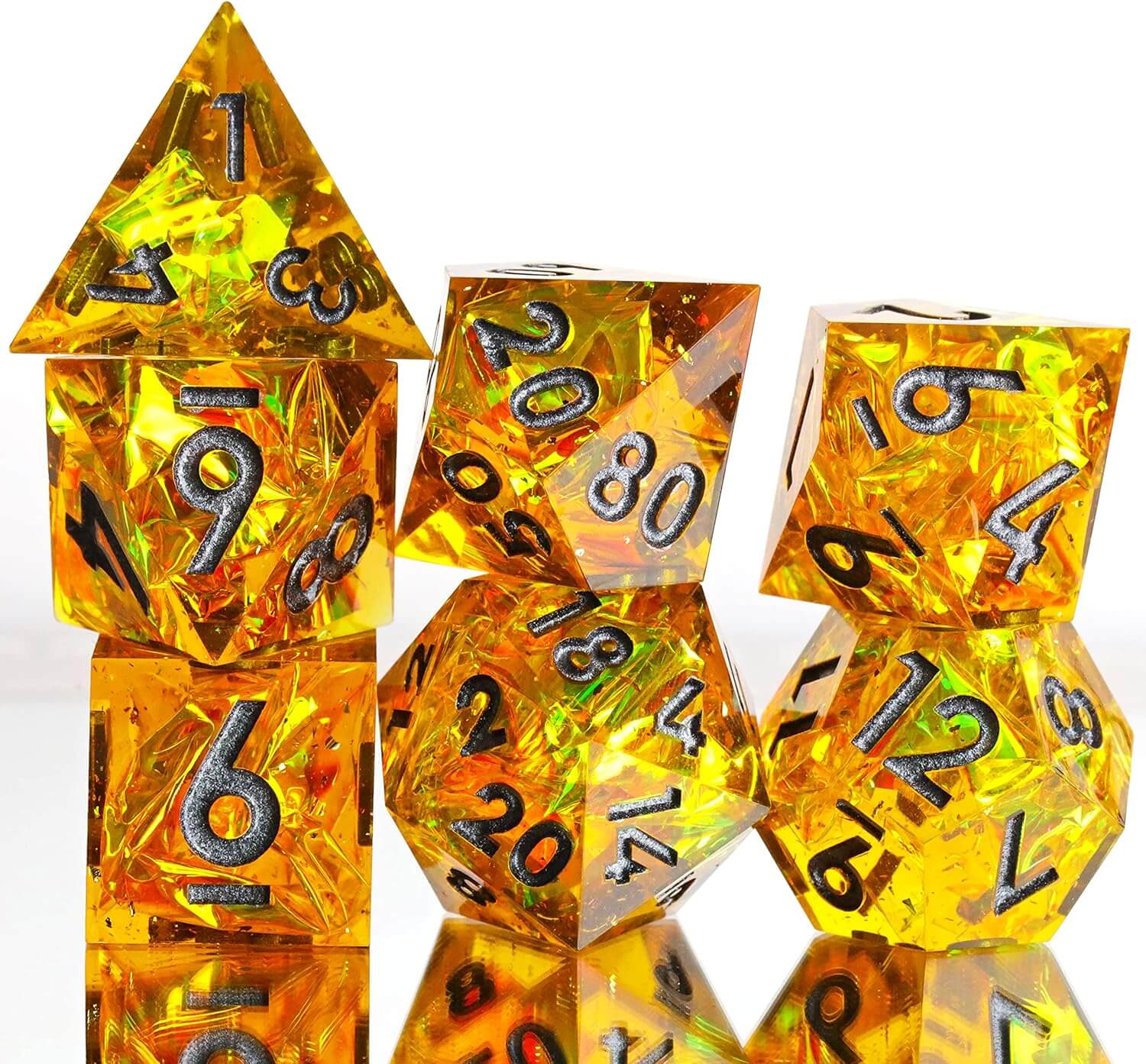 7 Resin Sharp Edged Polyhedral D&D Awesome Dice Set - Gold Guardians - Dice of Dragons