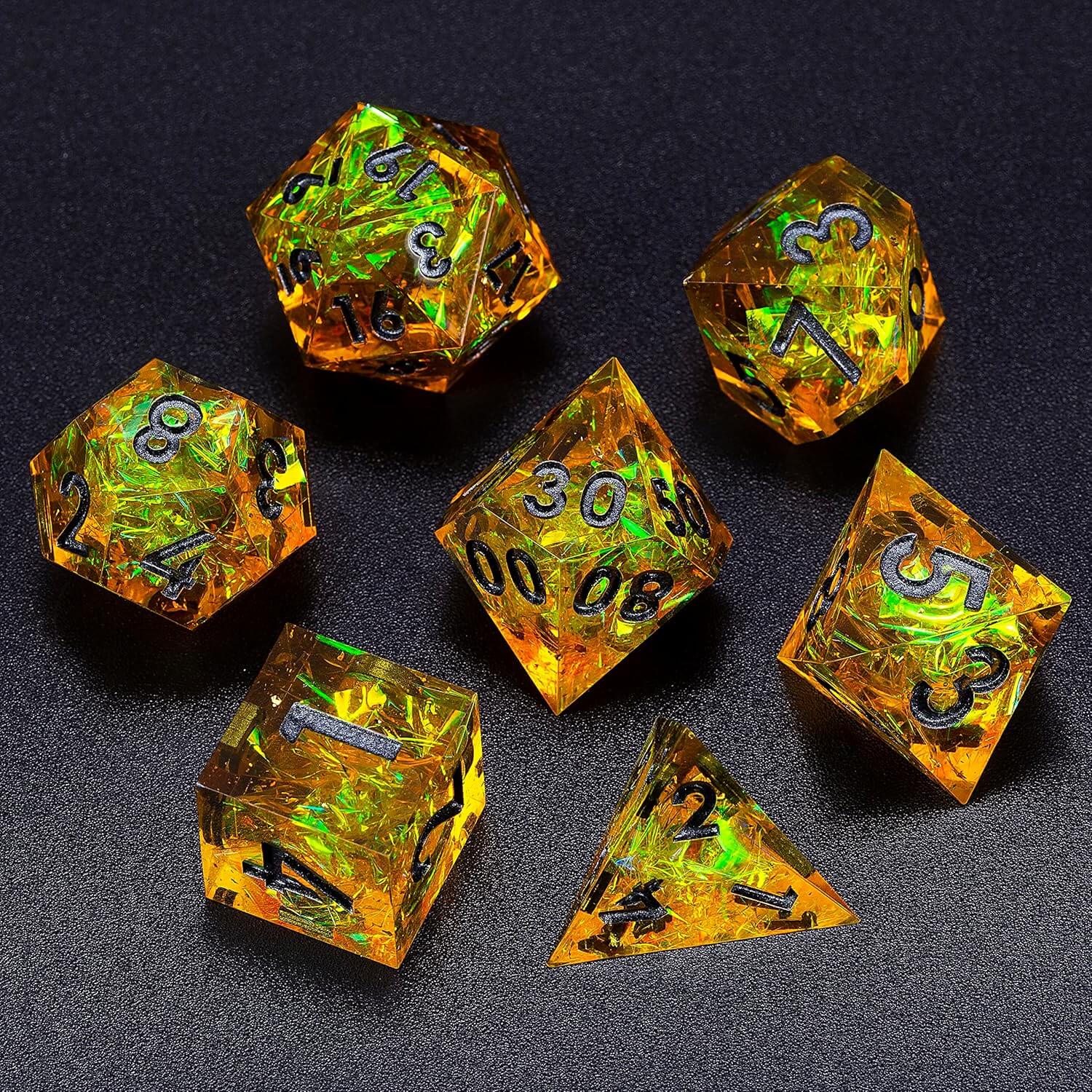 7 Resin Sharp Edged Polyhedral D&D Awesome Dice Set - Gold Guardians - Dice of Dragons