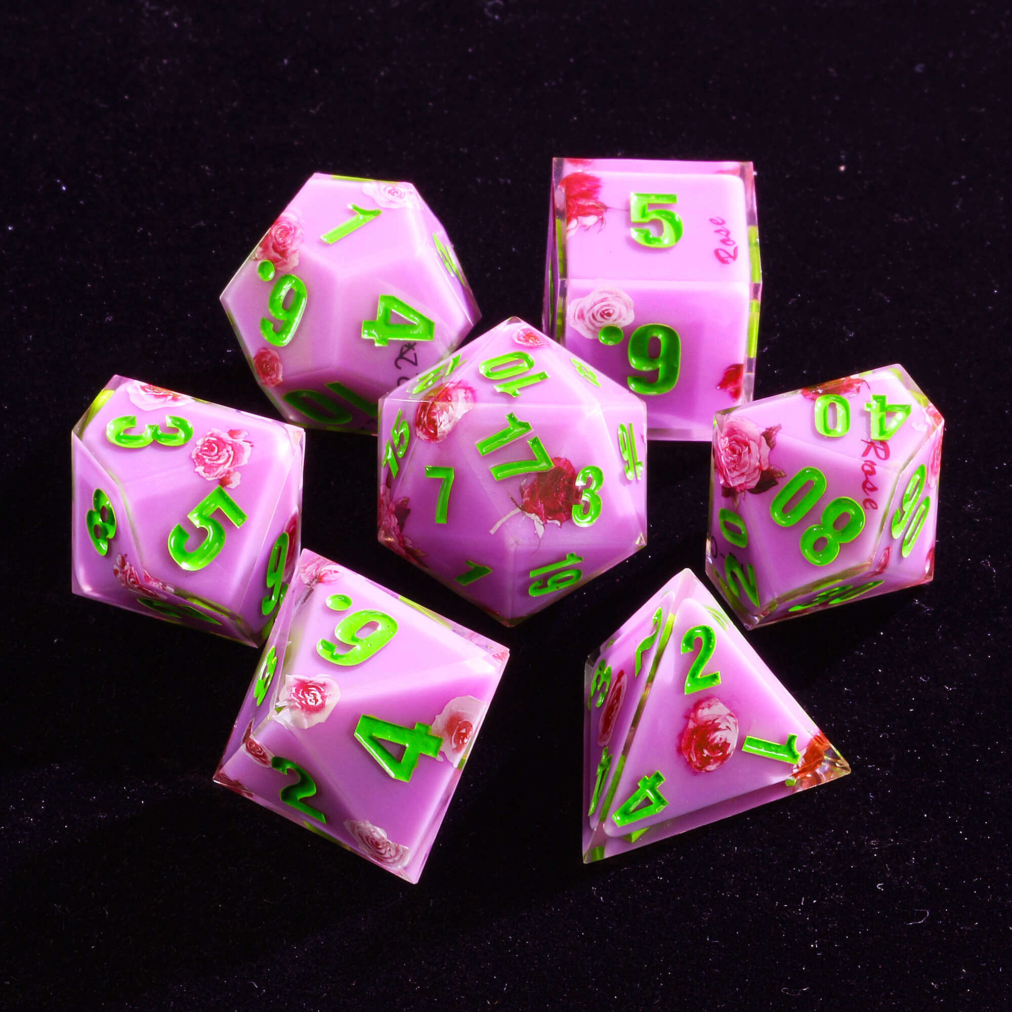 Rpg 7 Polyhedral Resin D and D Dice Set Flower Purple - Dice of Dragons