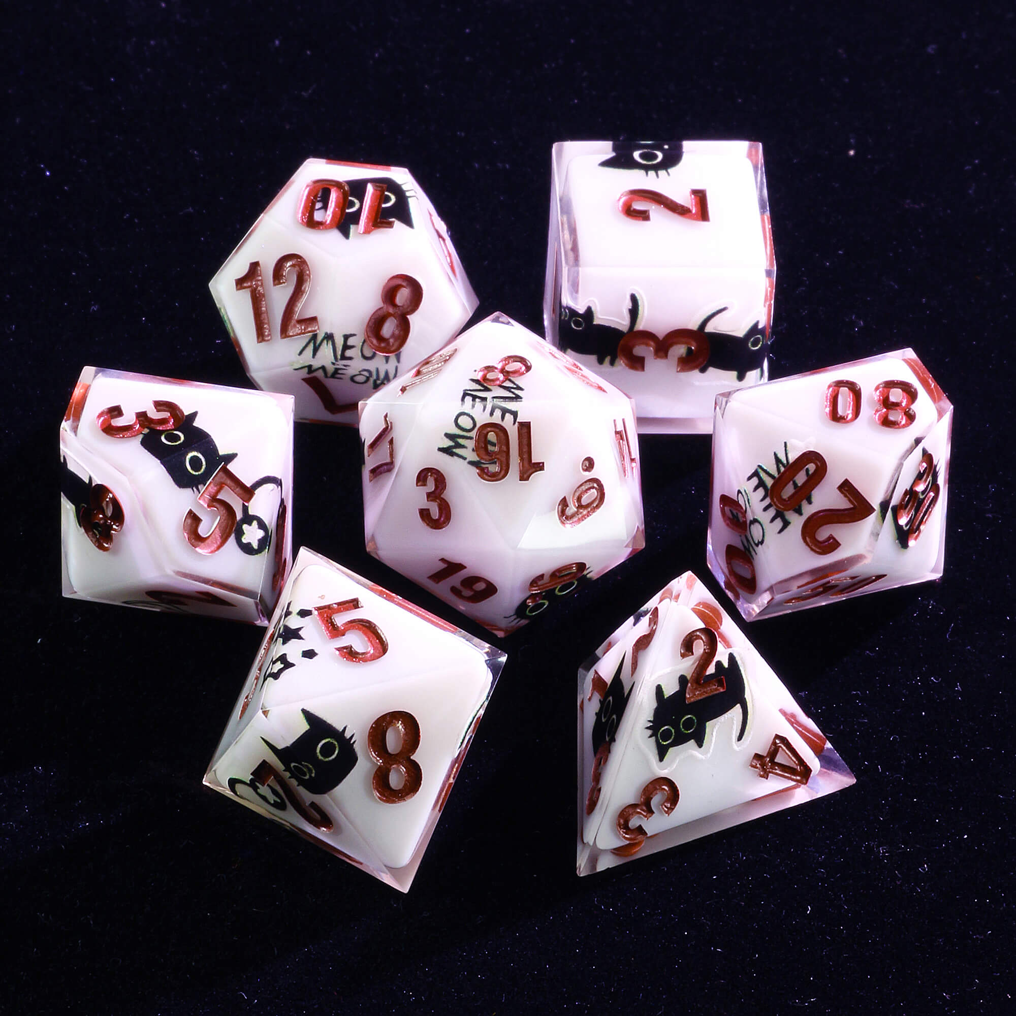 Rpg 7 Polyhedral Resin Dice Set DnD Cat White - Dice of Dragons