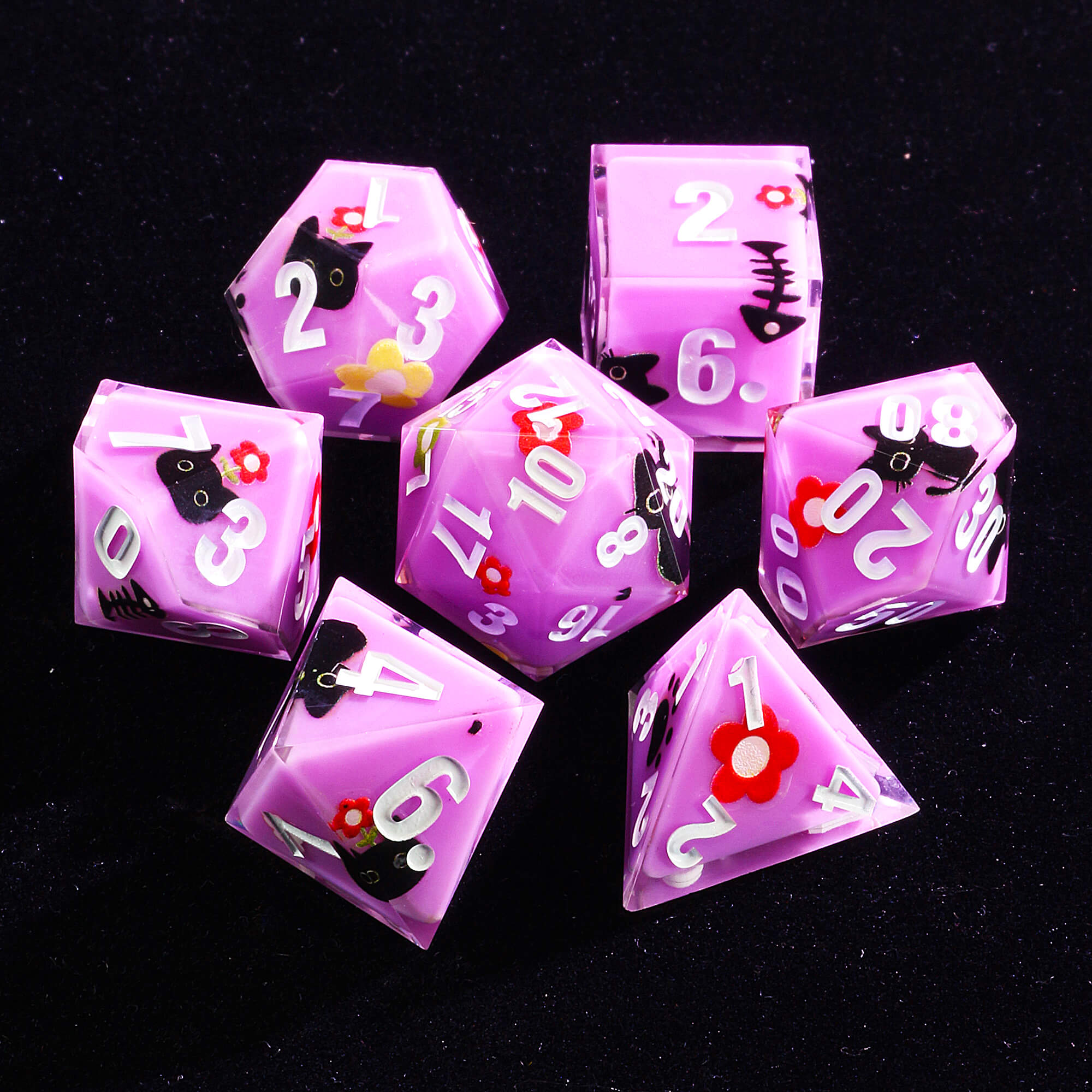 Rpg 7 Polyhedral Resin DnD Dice Sets Cat Purple - Dice of Dragons