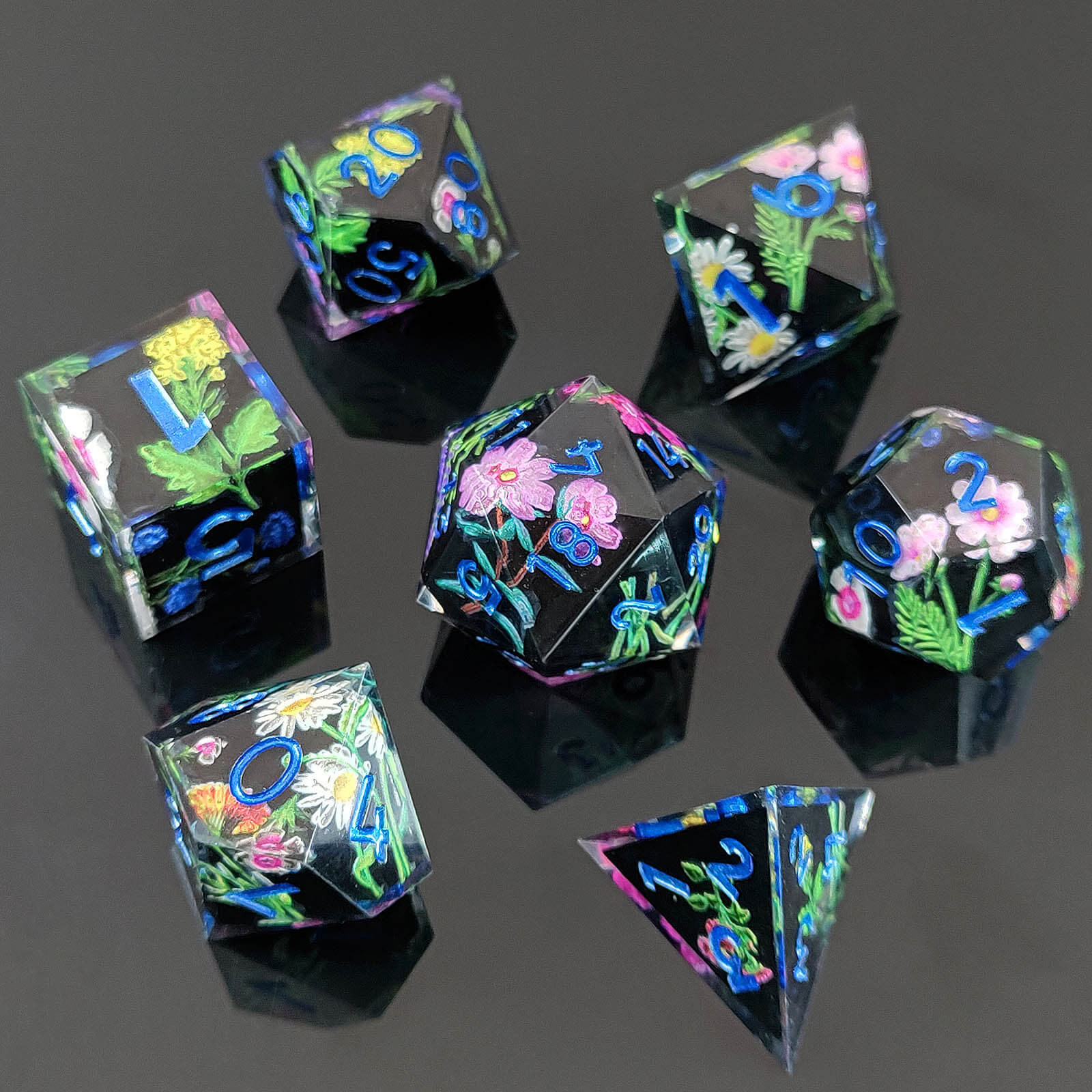 Rpg Awesome 7 Polyhedral Dice Sets D&D - Black Flower - Dice of Dragons