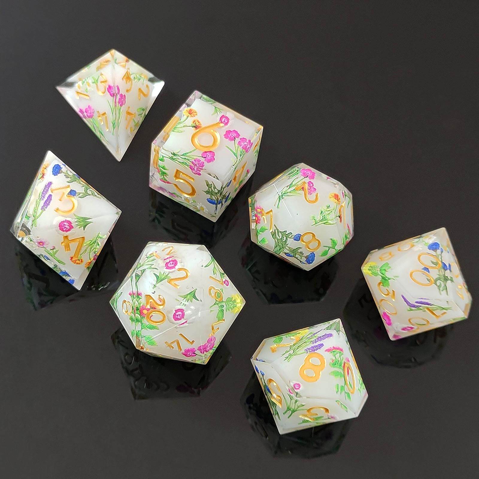 Rpg Awesome 7 Polyhedral Dice Sets D&D - White Flower - Dice of Dragons