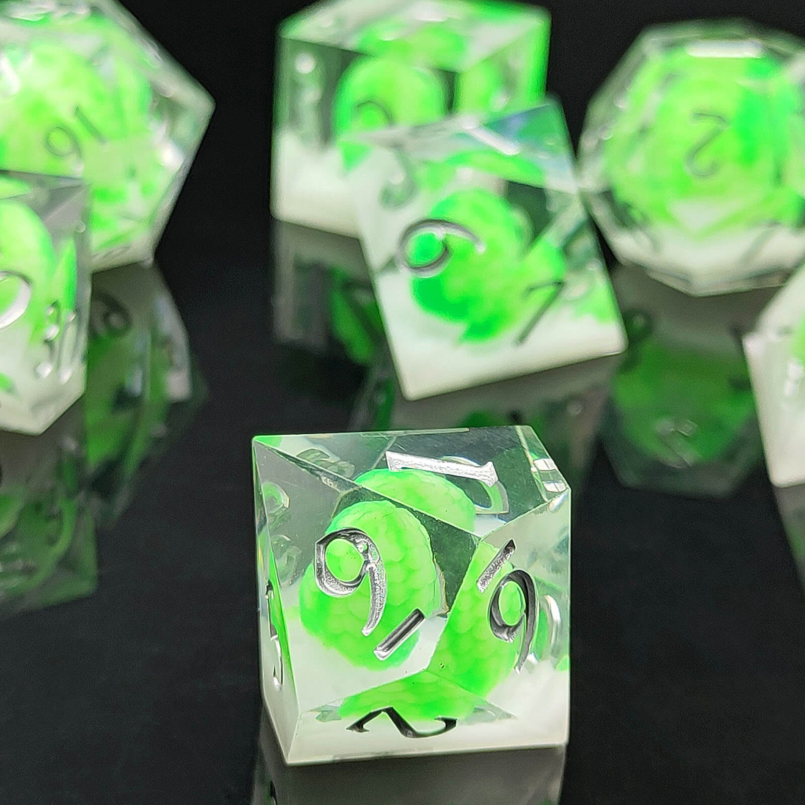 Rpg Cool 7 Polyhedral D and D dice set - Fluorescent Green Dragon Egg - Dice of Dragons