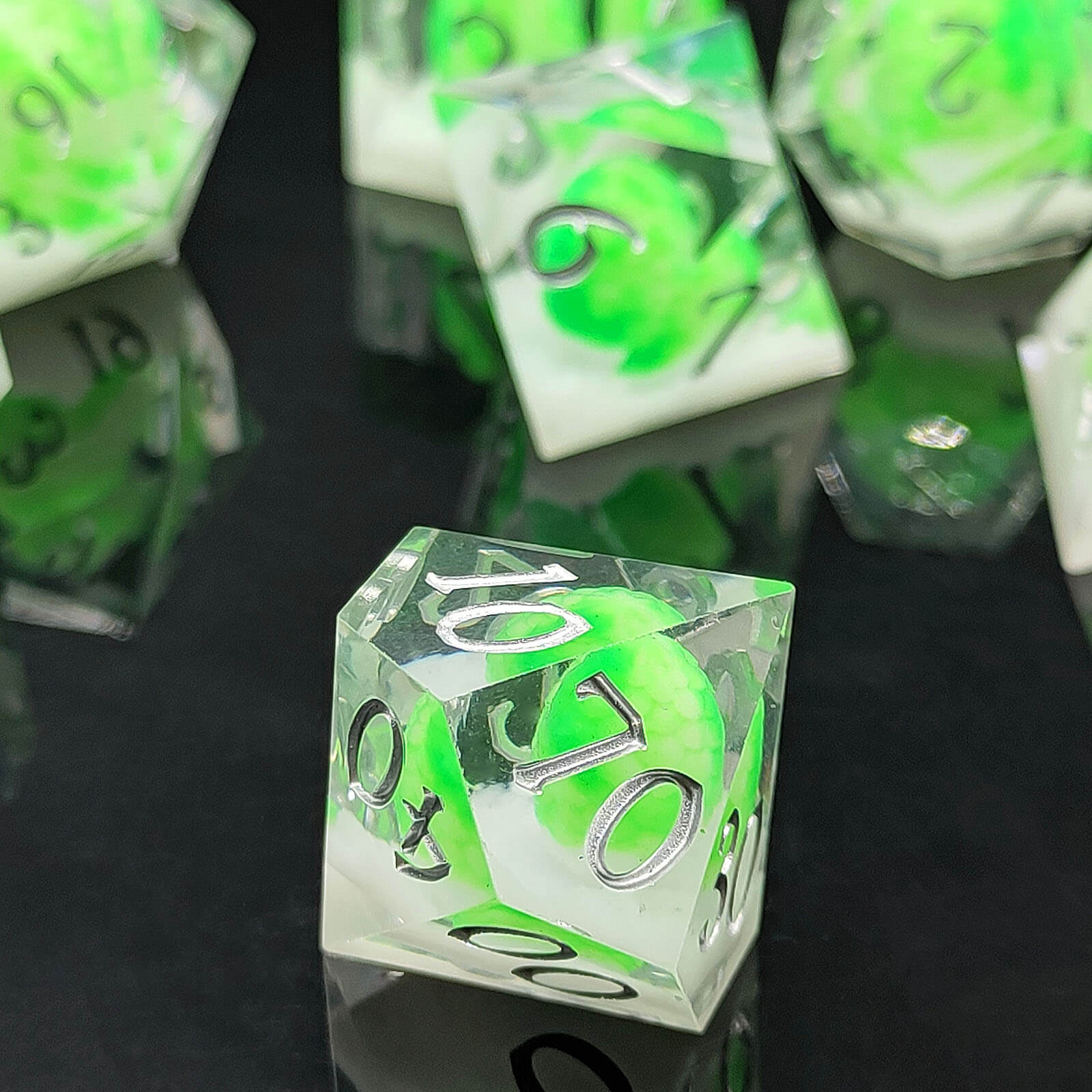 Rpg Cool 7 Polyhedral D and D dice set - Fluorescent Green Dragon Egg - Dice of Dragons