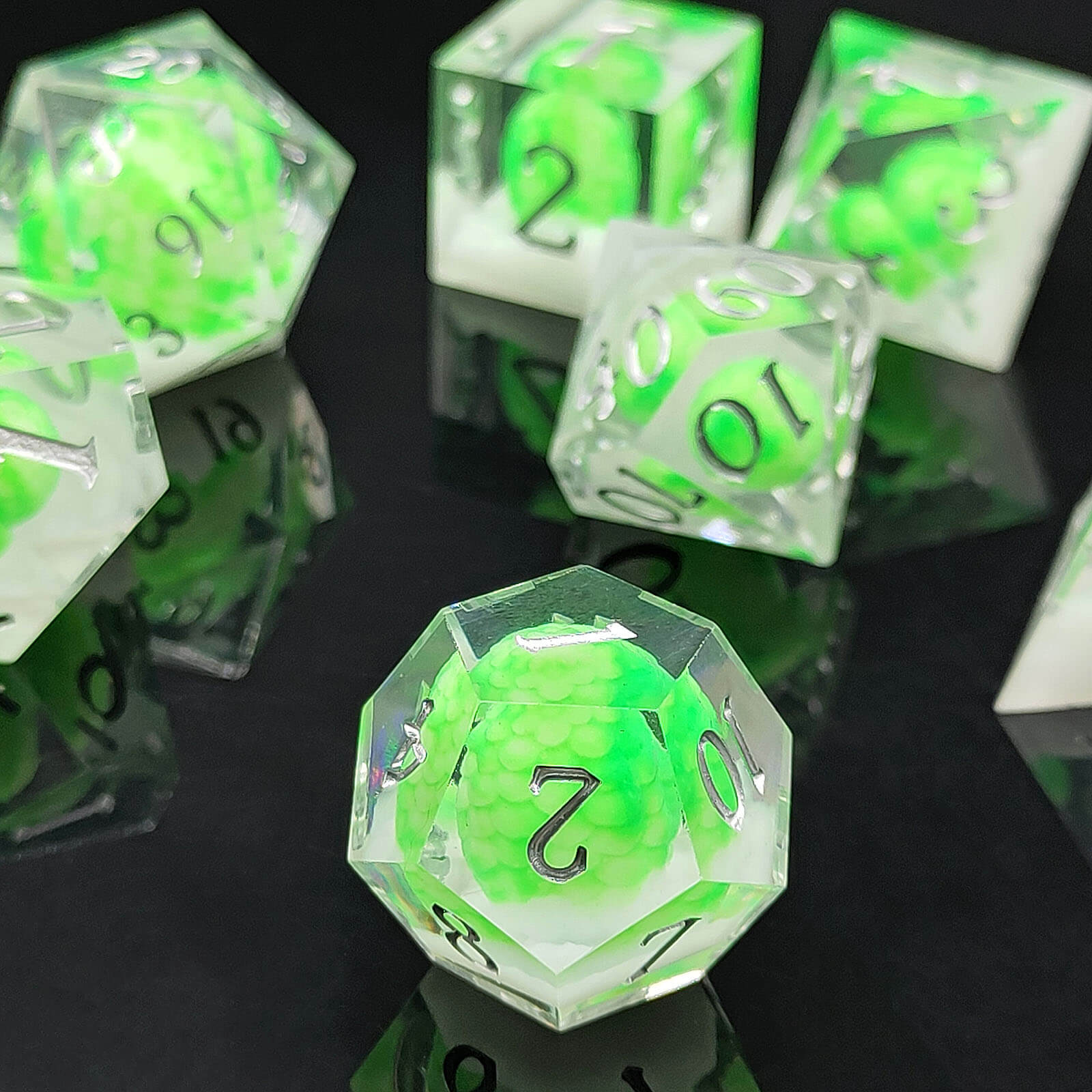 Rpg Cool 7 Polyhedral D and D dice set - Fluorescent Green Dragon Egg - Dice of Dragons