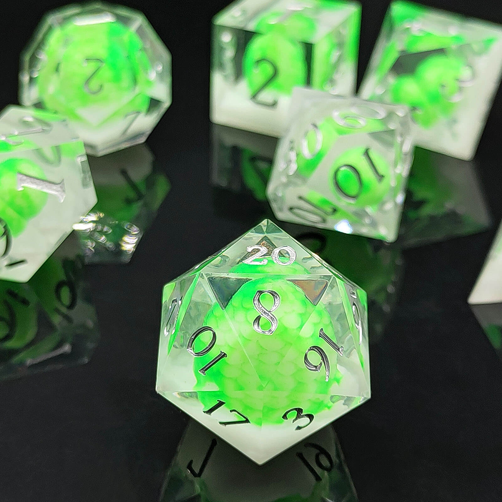 Rpg Cool 7 Polyhedral D and D dice set - Fluorescent Green Dragon Egg - Dice of Dragons