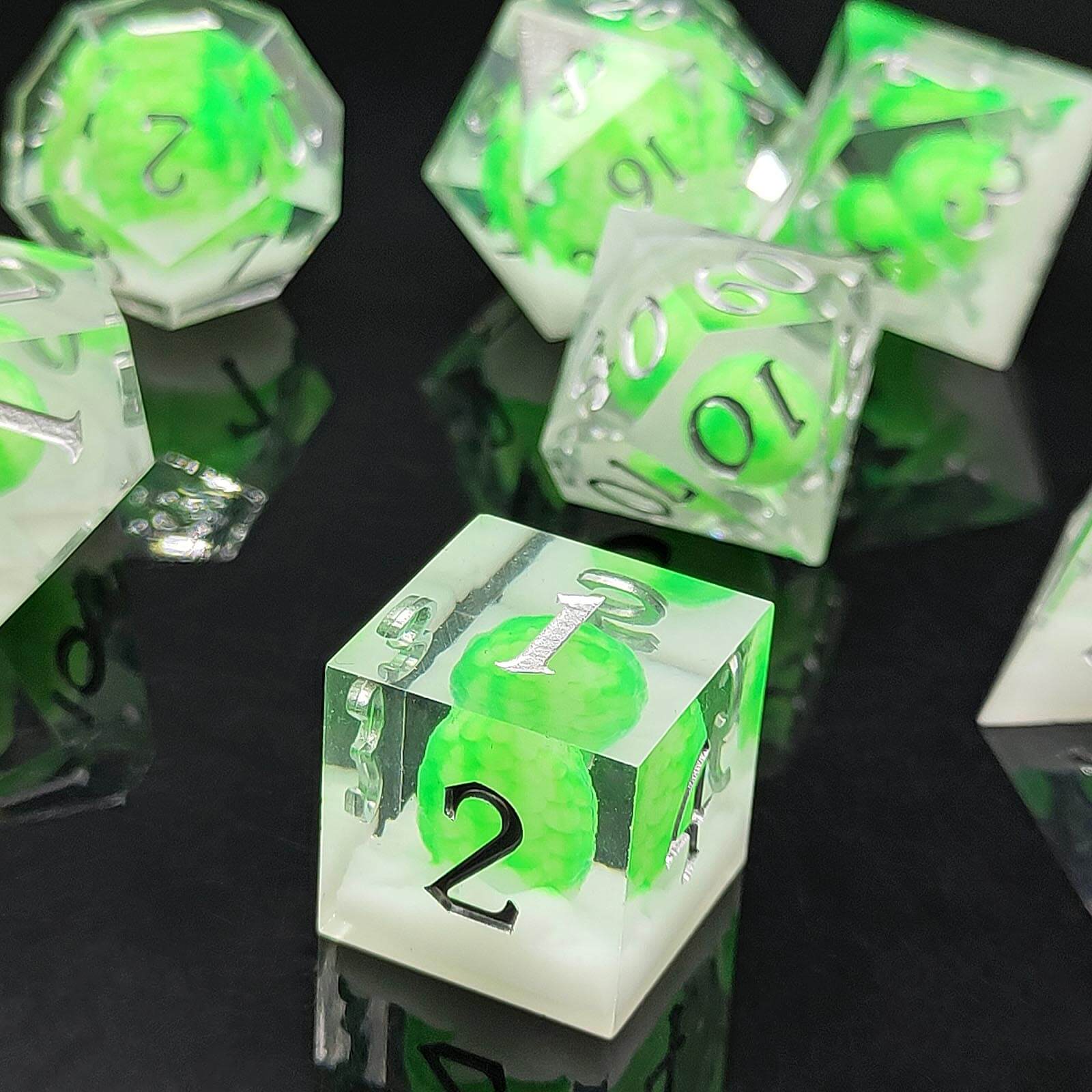 Rpg Cool 7 Polyhedral D and D dice set - Fluorescent Green Dragon Egg - Dice of Dragons