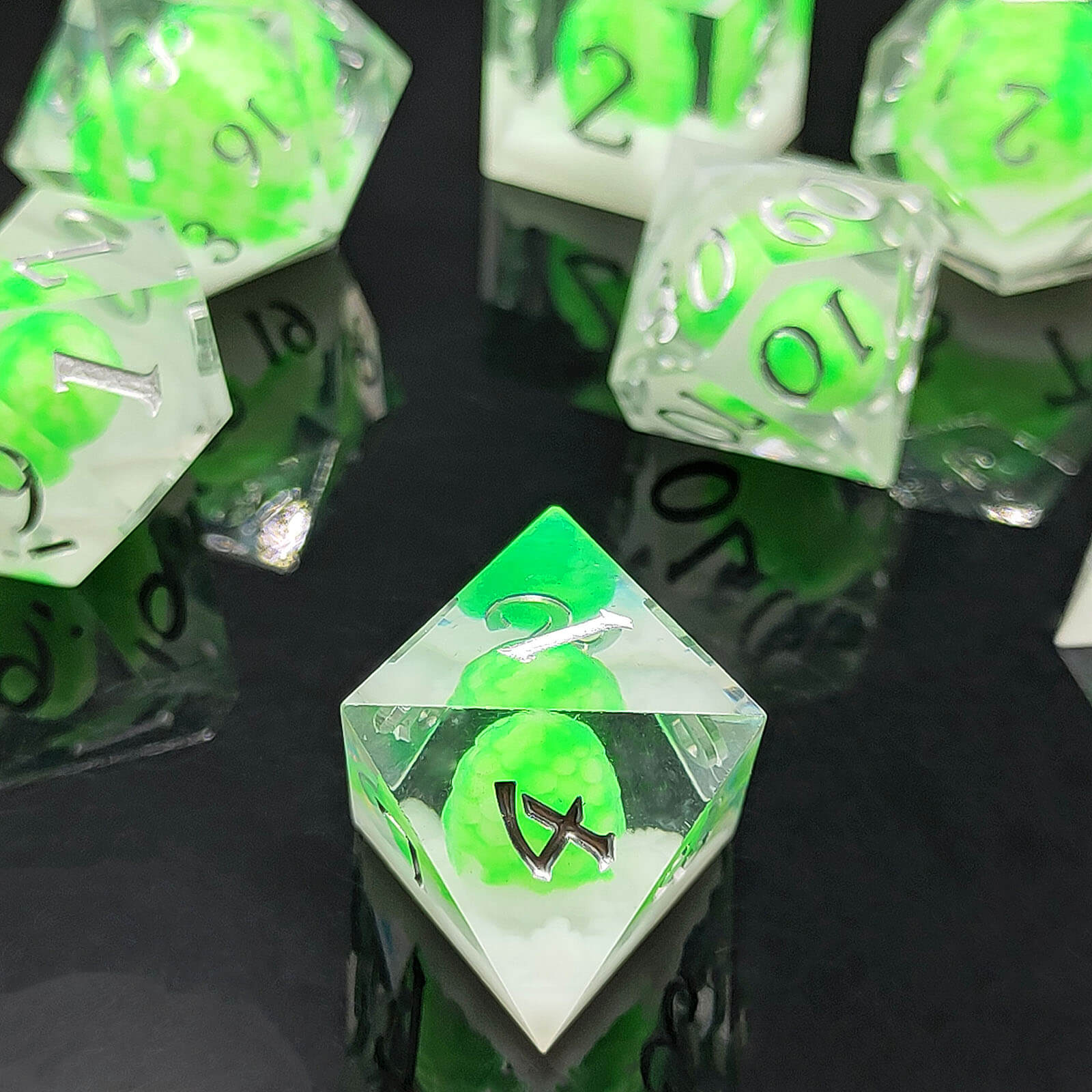 Rpg Cool 7 Polyhedral D and D dice set - Fluorescent Green Dragon Egg - Dice of Dragons