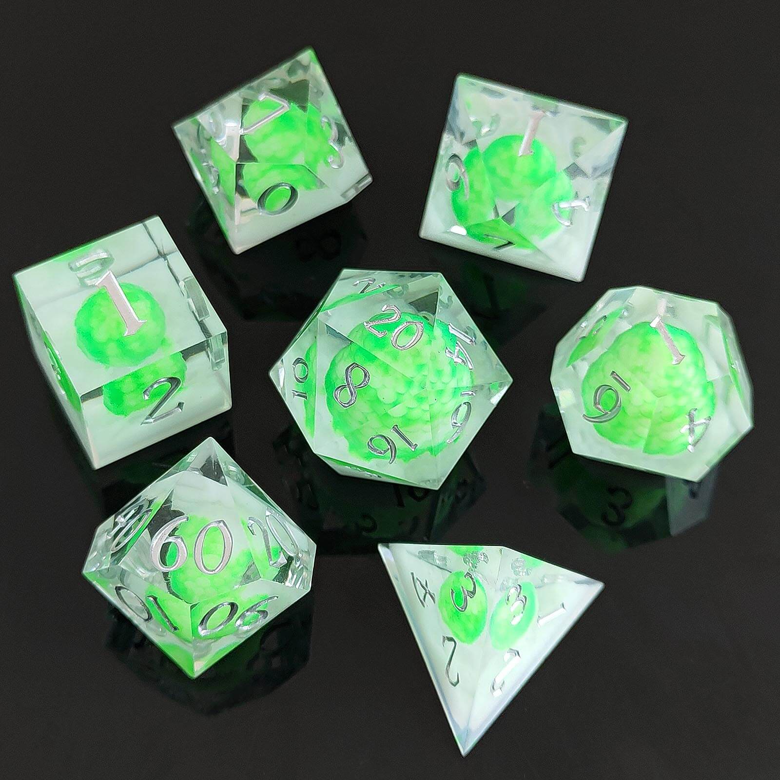 Rpg Cool 7 Polyhedral D and D dice set - Fluorescent Green Dragon Egg - Dice of Dragons