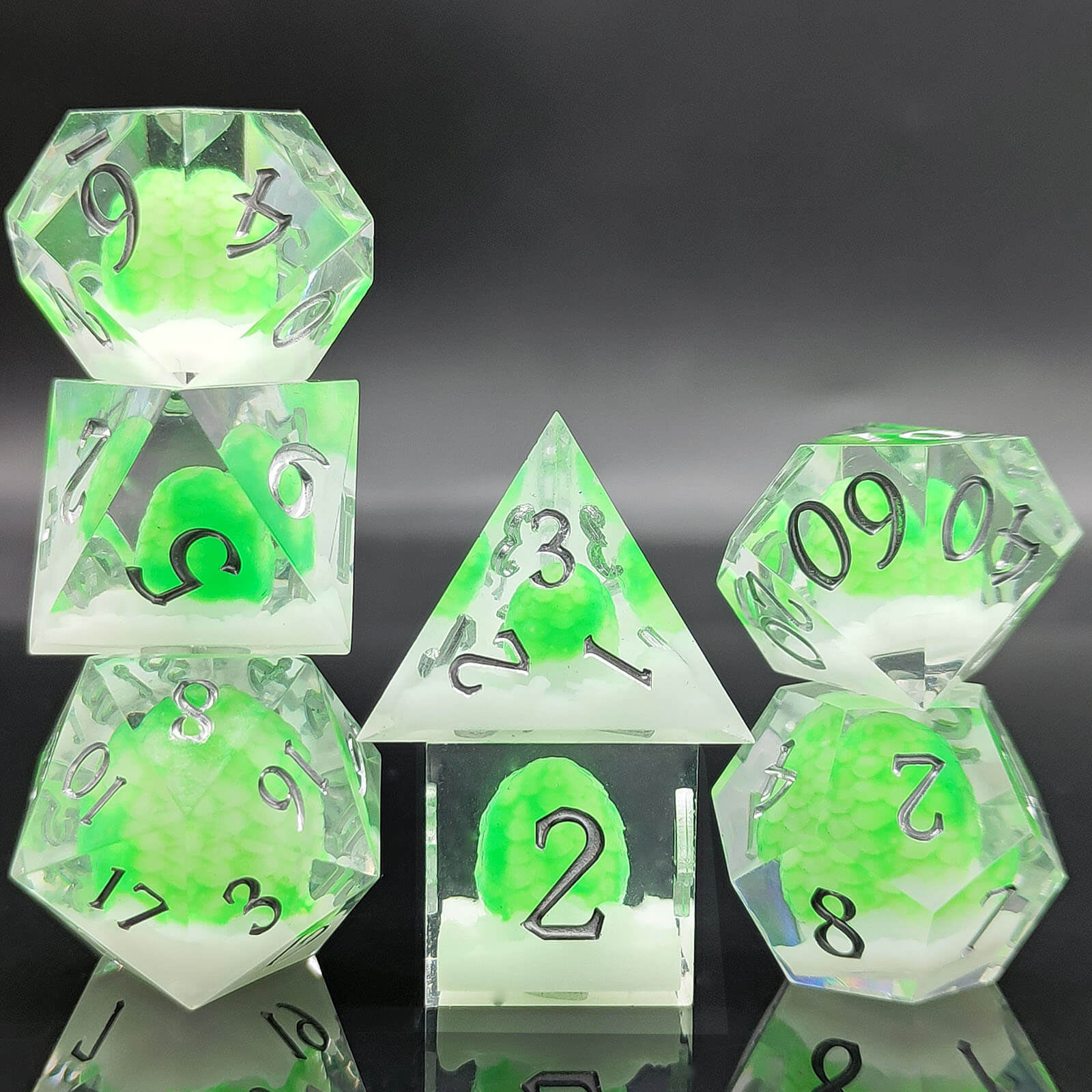 Rpg Cool 7 Polyhedral D and D dice set - Fluorescent Green Dragon Egg - Dice of Dragons