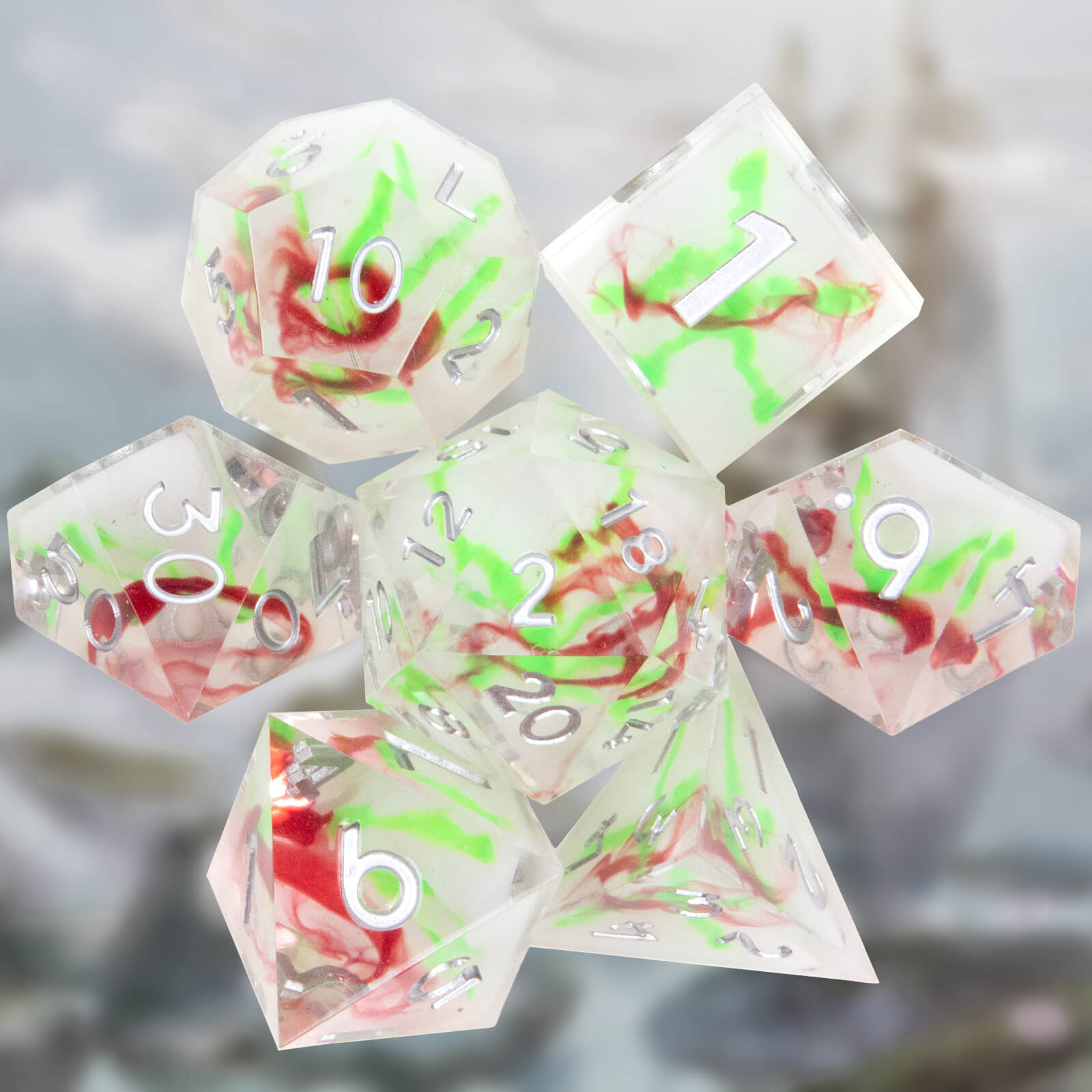 Rpg Unique 7 Polyhedral Dice Set DnD - Fluorescent Green Volcano - Dice of Dragons