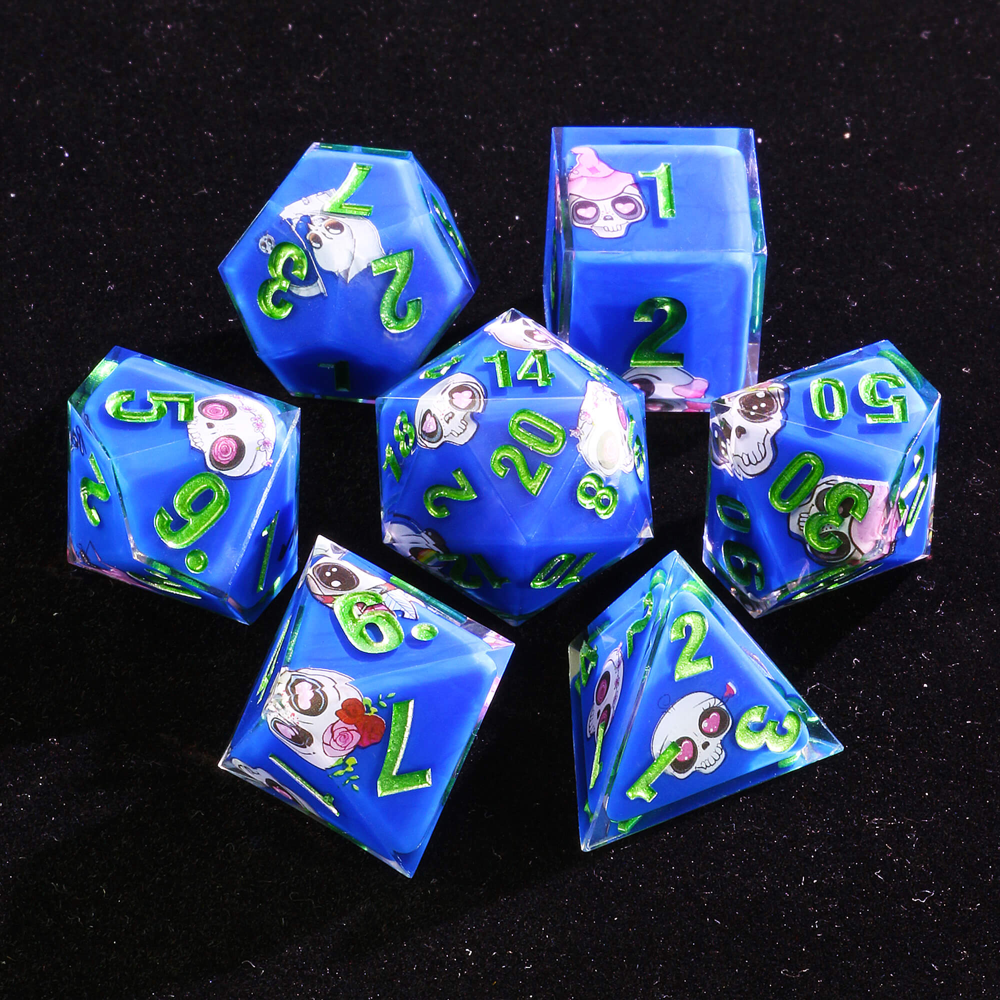 Seven Polyhedral Resin D&D Dice Set Skull Blue - Dice of Dragons