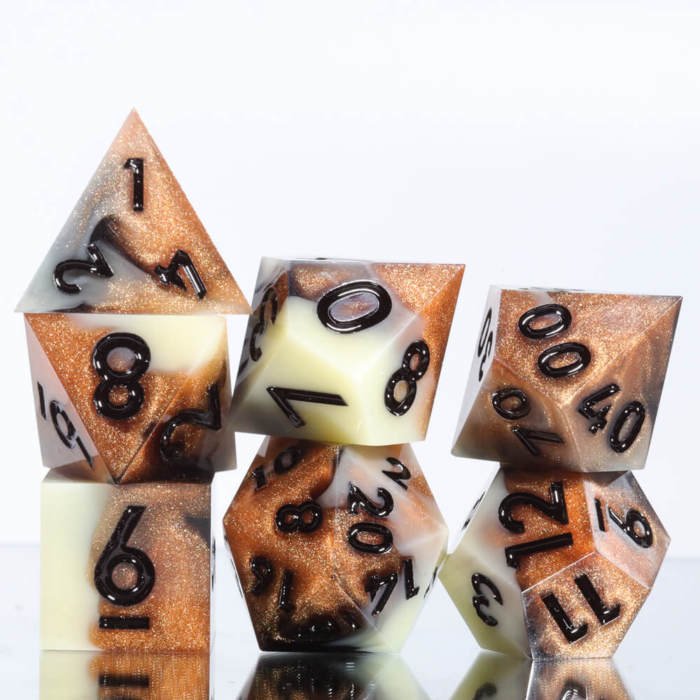 Sharp Edge Amber Polyhedral Resin 7-Piece D&D Dice Set - Dice of Dragons