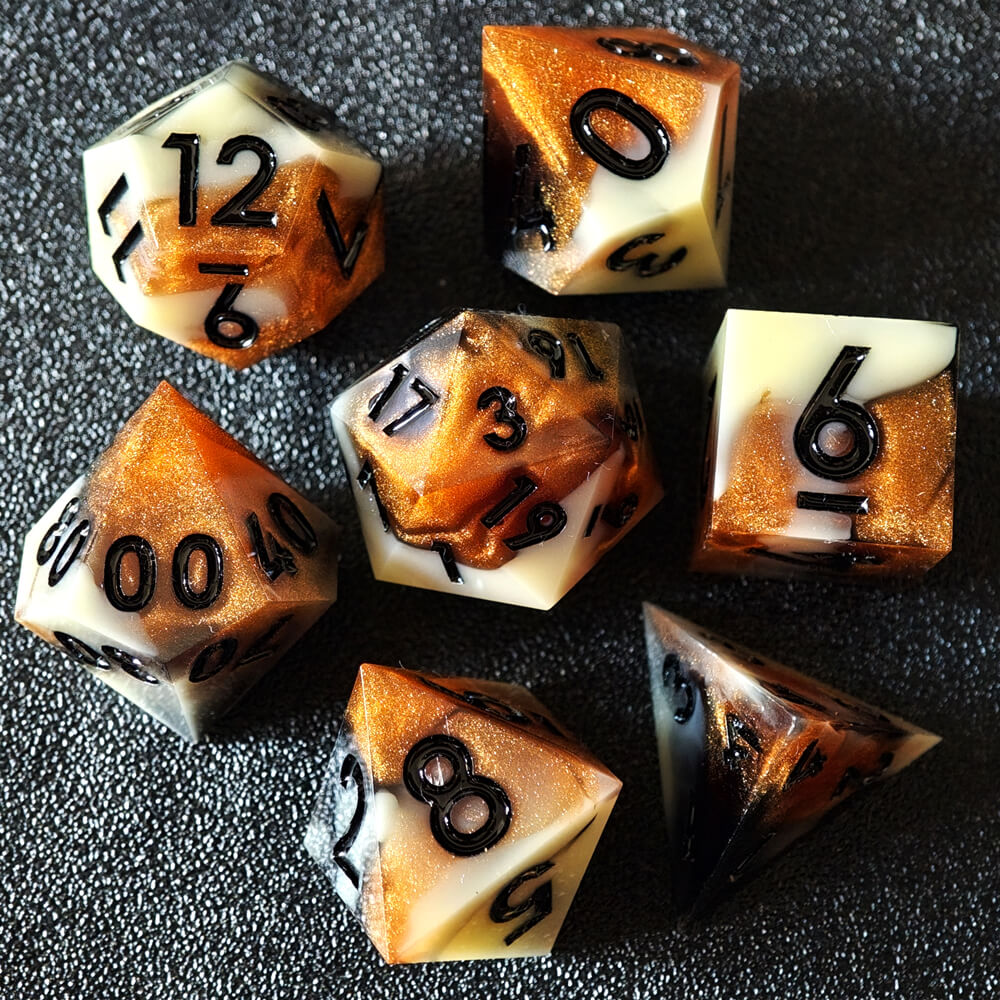 Sharp Edge Amber Polyhedral Resin 7-Piece D&D Dice Set - Dice of Dragons