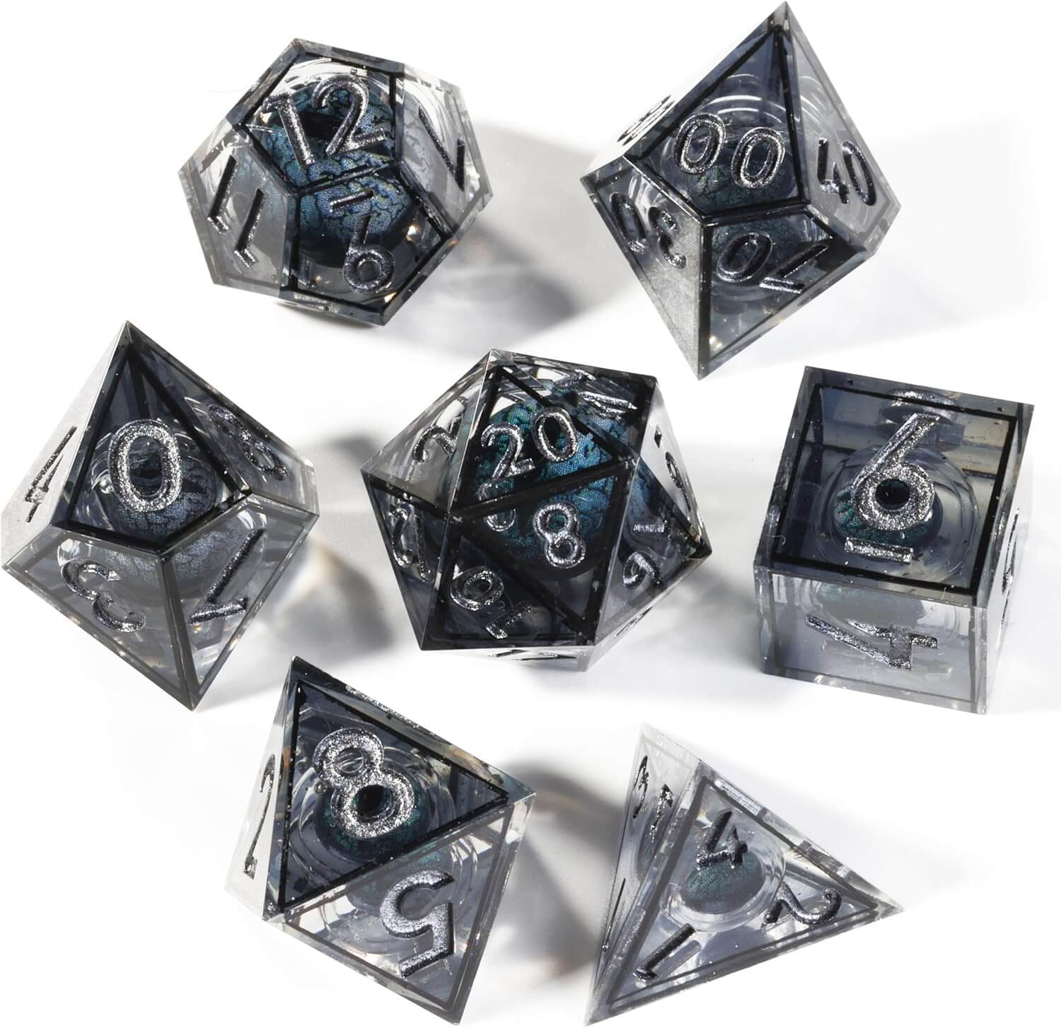 Sharp Edge Black Liquid Core Dragon Eye Polyhedral Resin 7-Piece D&D Dice Set - Dice of Dragons