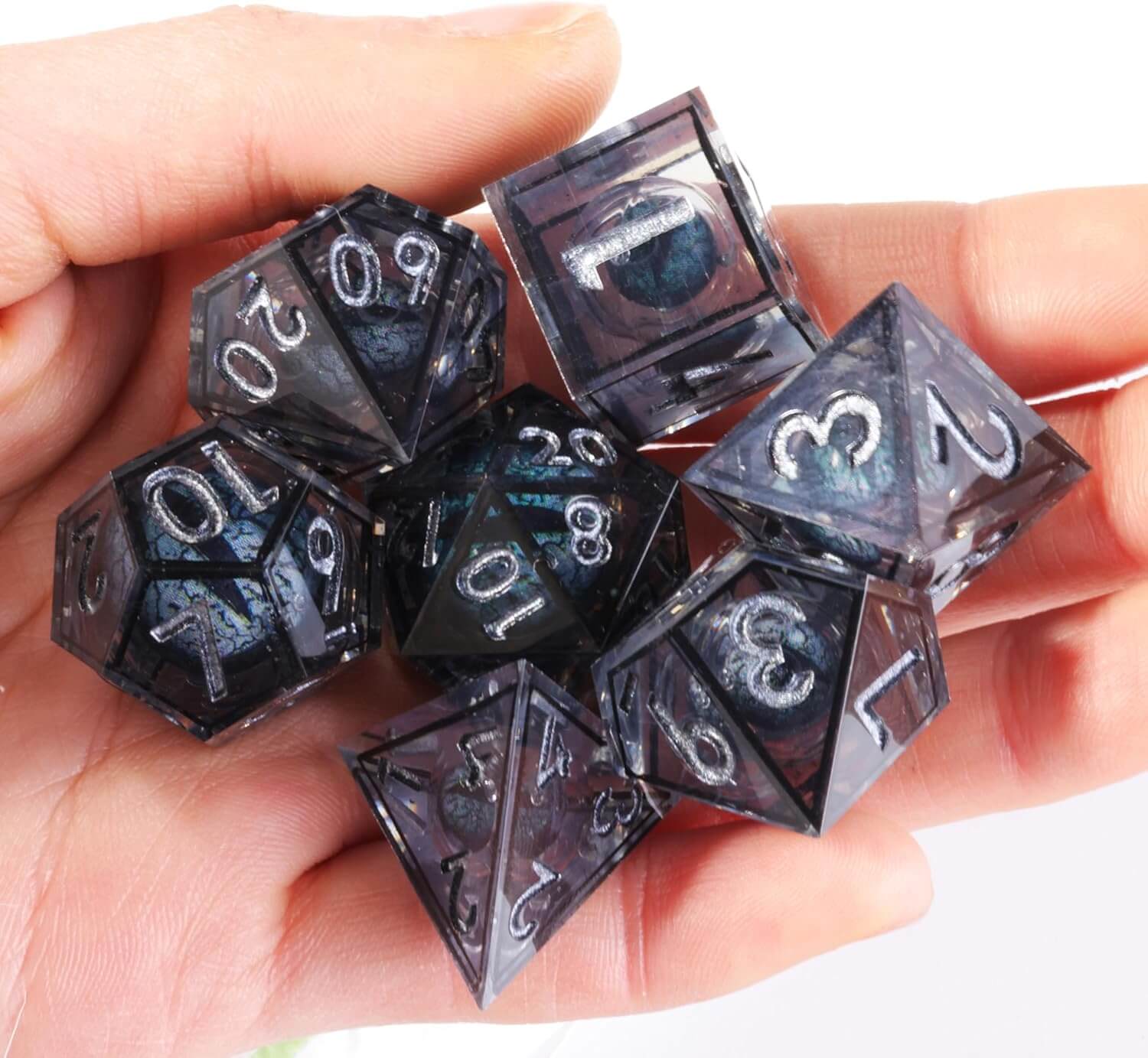 Sharp Edge Black Liquid Core Dragon Eye Polyhedral Resin 7-Piece D&D Dice Set - Dice of Dragons