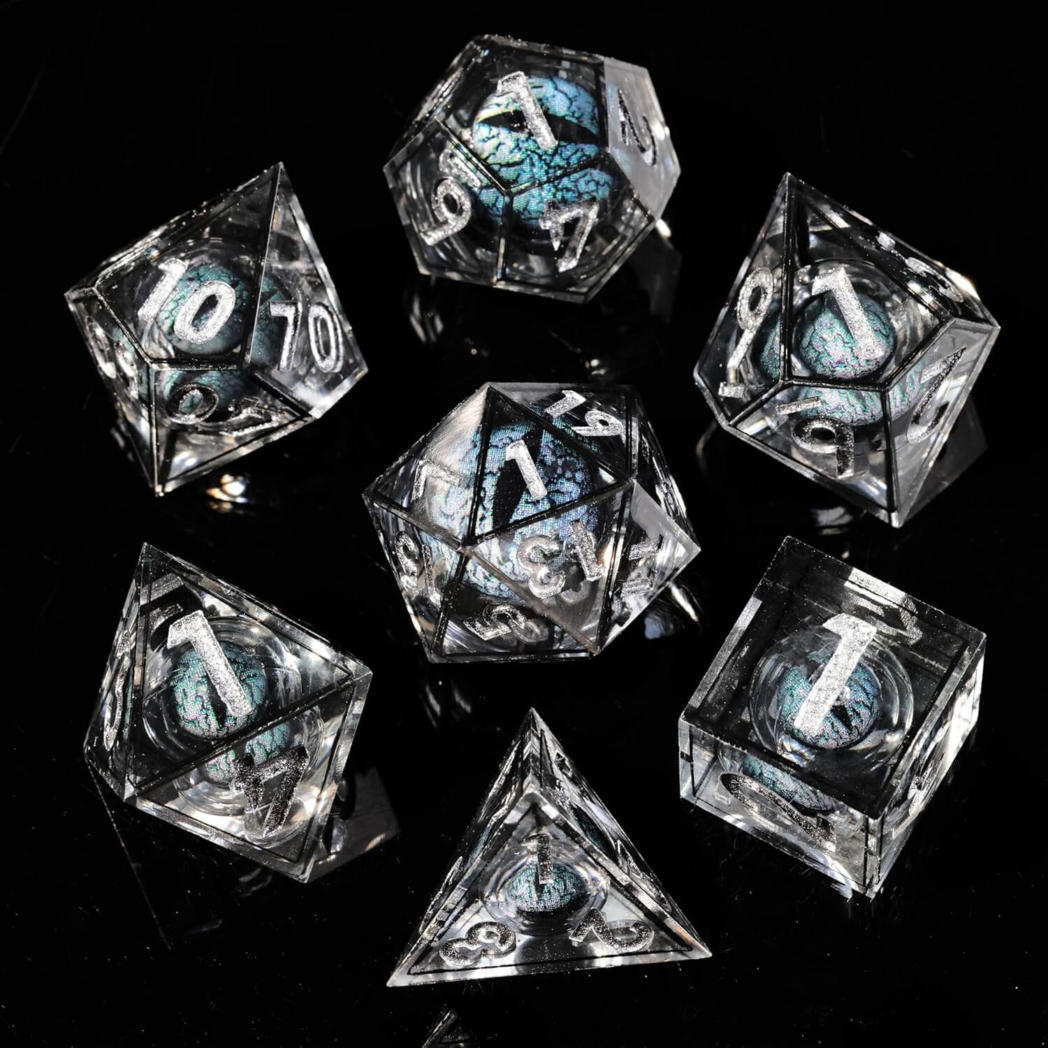 Sharp Edge Black Liquid Core Dragon Eye Polyhedral Resin 7-Piece D&D Dice Set - Dice of Dragons