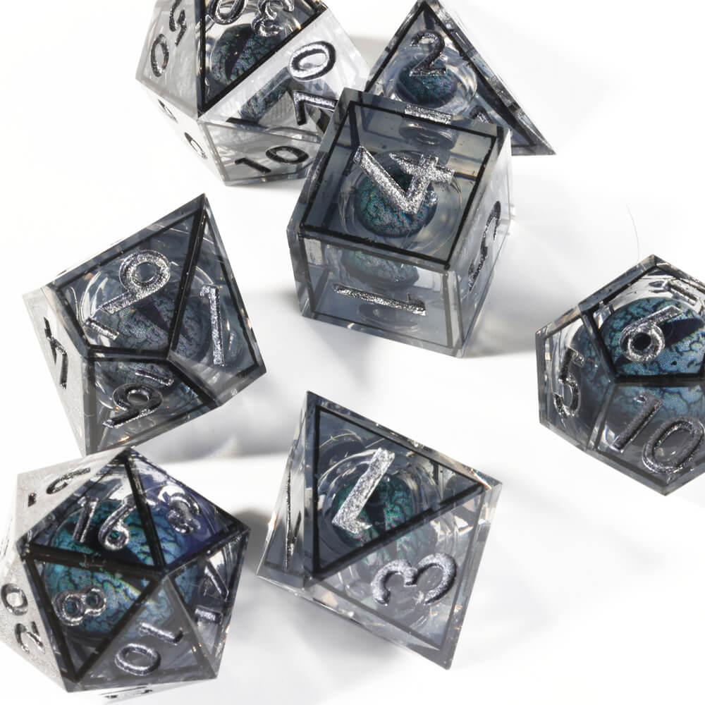 Sharp Edge Black Liquid Core Dragon Eye Polyhedral Resin 7-Piece D&D Dice Set - Dice of Dragons