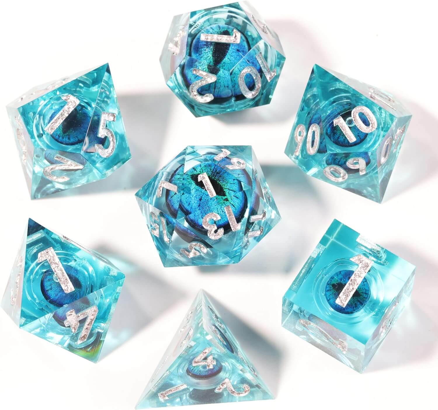 Sharp Edge Blue Dragon Eye Polyhedral Resin 7-Piece D&D Dice Set - Dice of Dragons