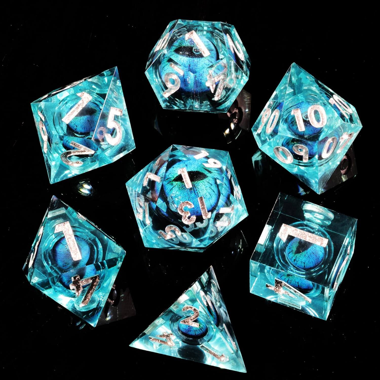 Sharp Edge Blue Dragon Eye Polyhedral Resin 7-Piece D&D Dice Set - Dice of Dragons