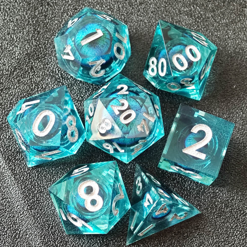 Sharp Edge Blue Dragon Eye Polyhedral Resin 7-Piece D&D Dice Set - Dice of Dragons