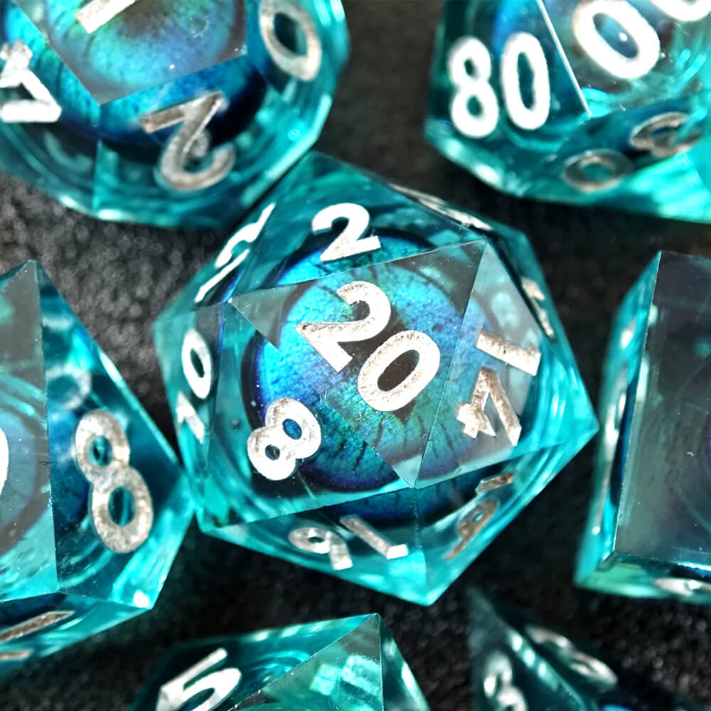 Sharp Edge Blue Dragon Eye Polyhedral Resin 7-Piece D&D Dice Set - Dice of Dragons