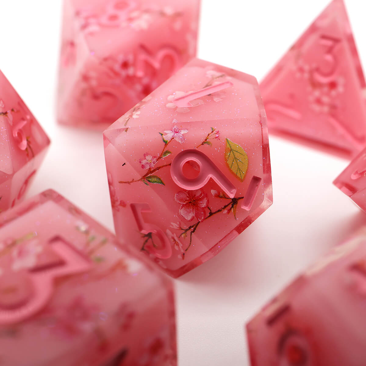 Sharp Edge Layered Pink Flower DND Dice Set 7-Piece - Dice of Dragons