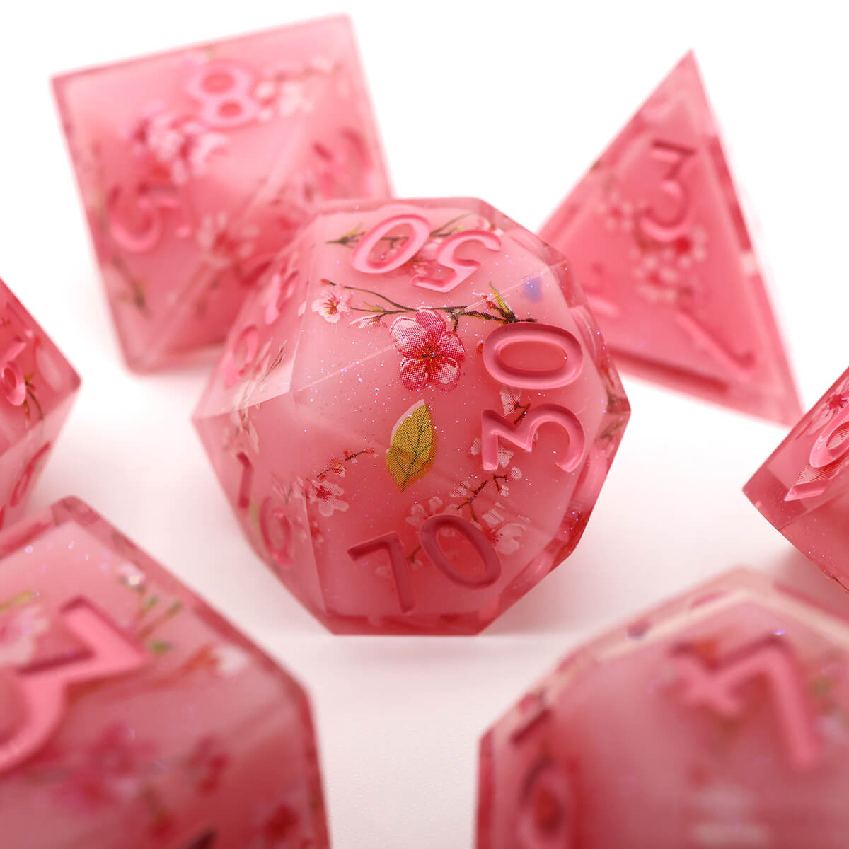 Sharp Edge Layered Pink Flower DND Dice Set 7-Piece - Dice of Dragons