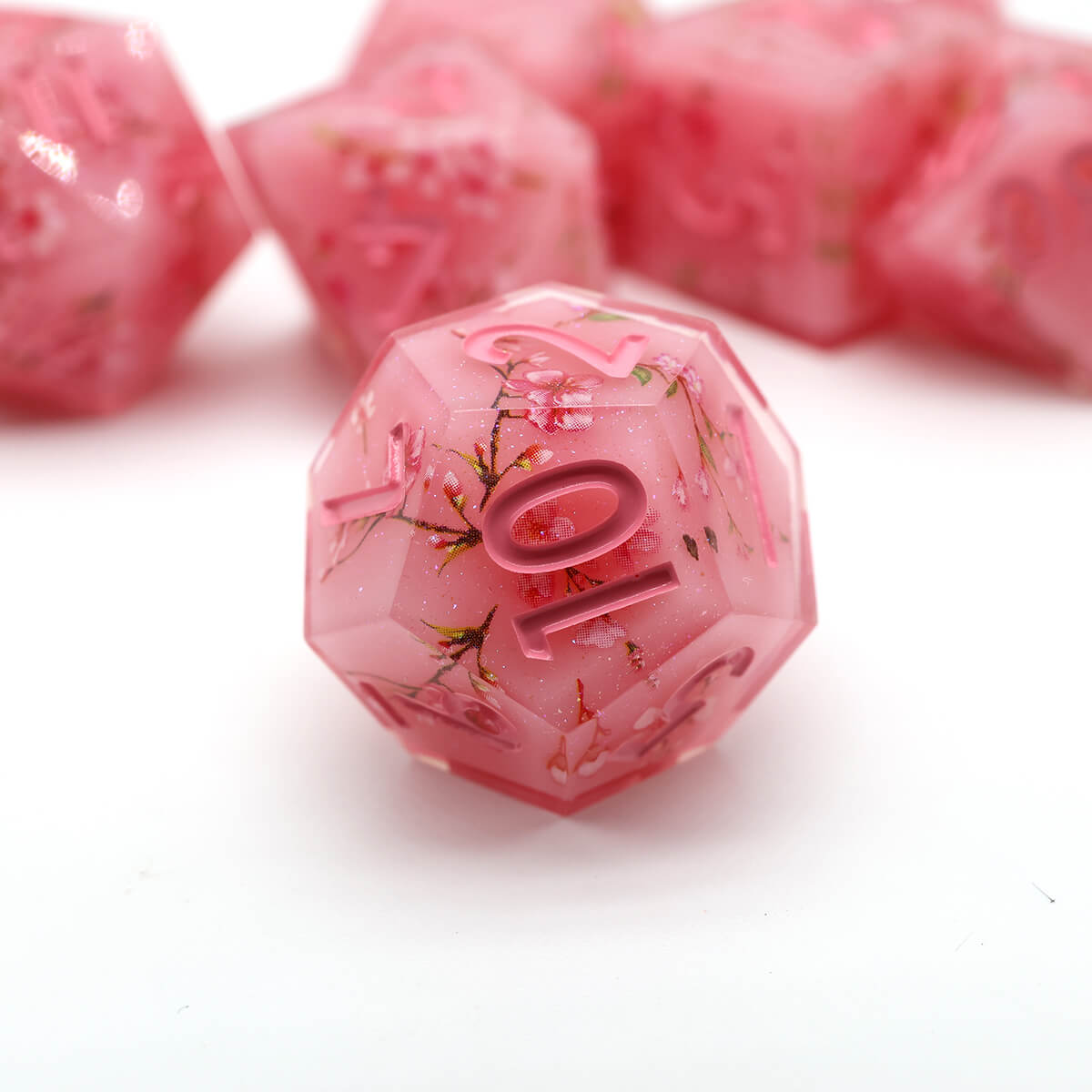 Sharp Edge Layered Pink Flower DND Dice Set 7-Piece - Dice of Dragons