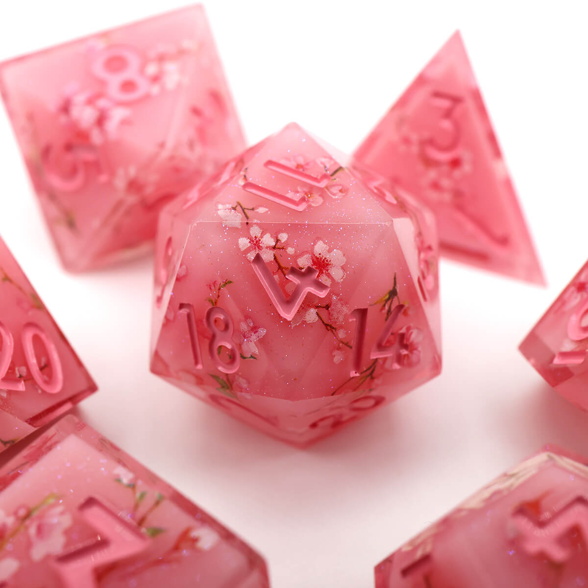 Sharp Edge Layered Pink Flower DND Dice Set 7-Piece - Dice of Dragons