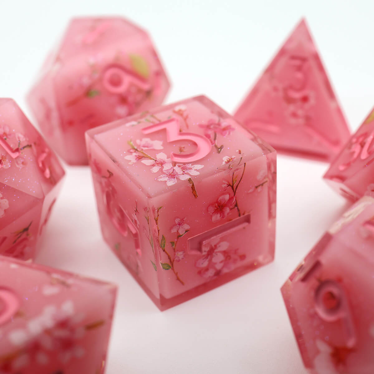 Sharp Edge Layered Pink Flower DND Dice Set 7-Piece - Dice of Dragons