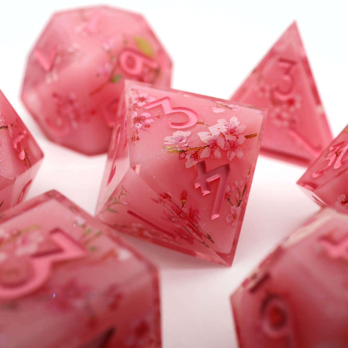 Sharp Edge Layered Pink Flower DND Dice Set 7-Piece - Dice of Dragons