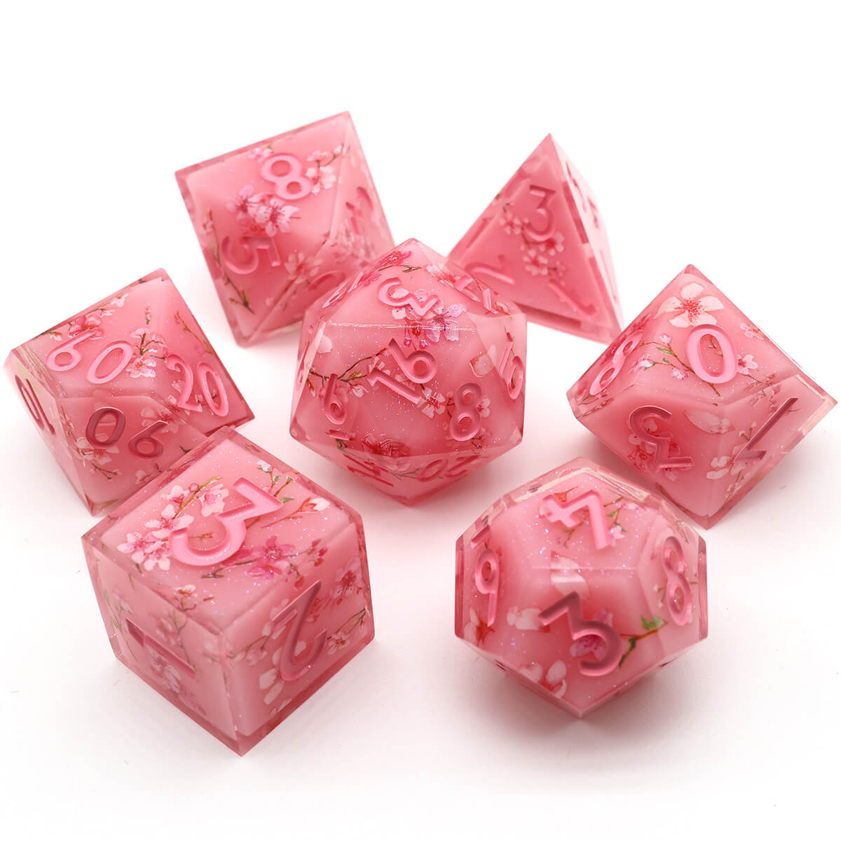 Sharp Edge Layered Pink Flower DND Dice Set 7-Piece - Dice of Dragons