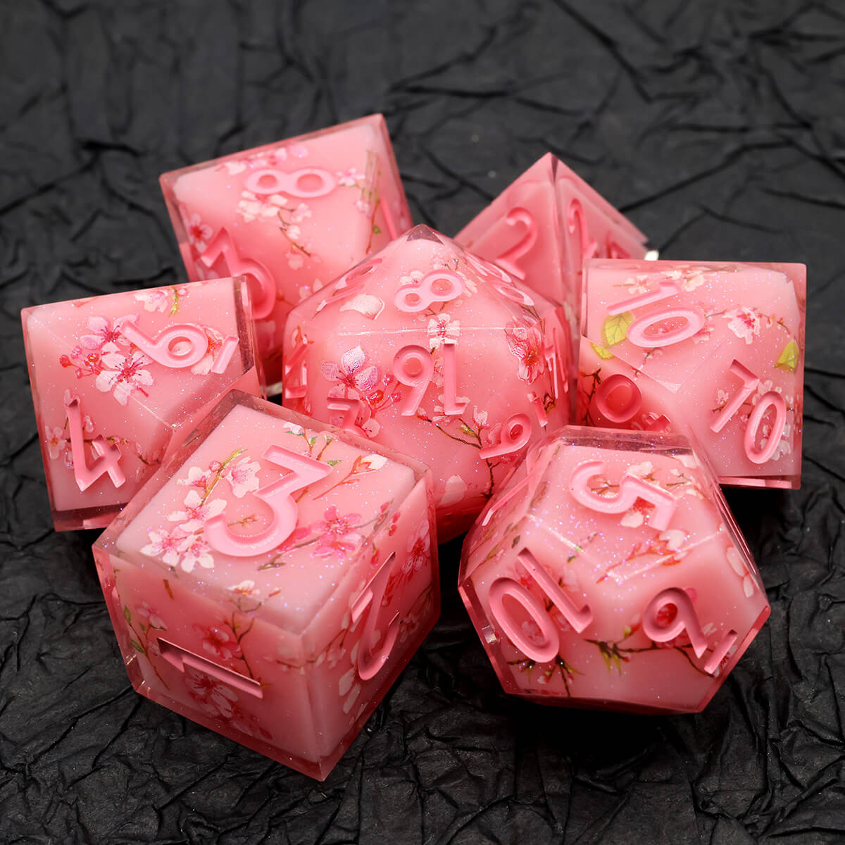 Sharp Edge Layered Pink Flower DND Dice Set 7-Piece - Dice of Dragons