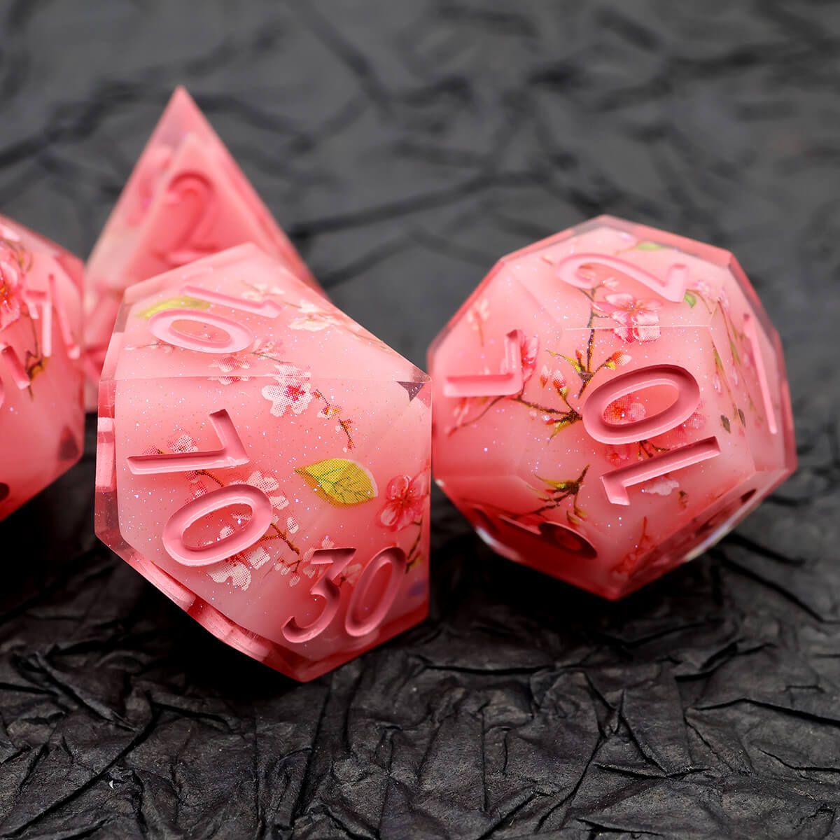 Sharp Edge Layered Pink Flower DND Dice Set 7-Piece - Dice of Dragons