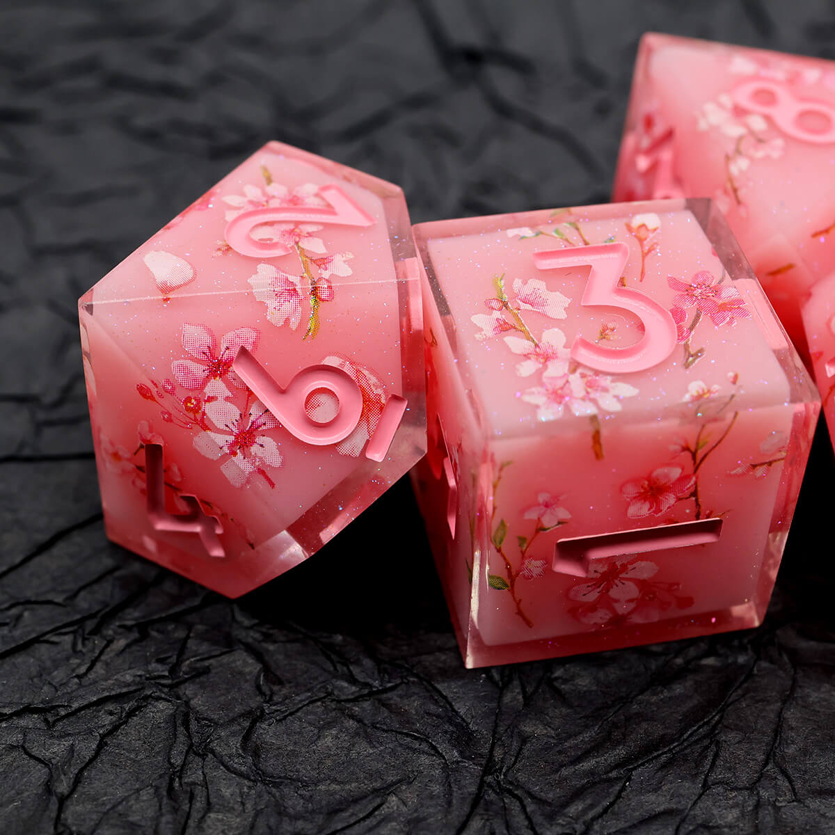 Sharp Edge Layered Pink Flower DND Dice Set 7-Piece - Dice of Dragons