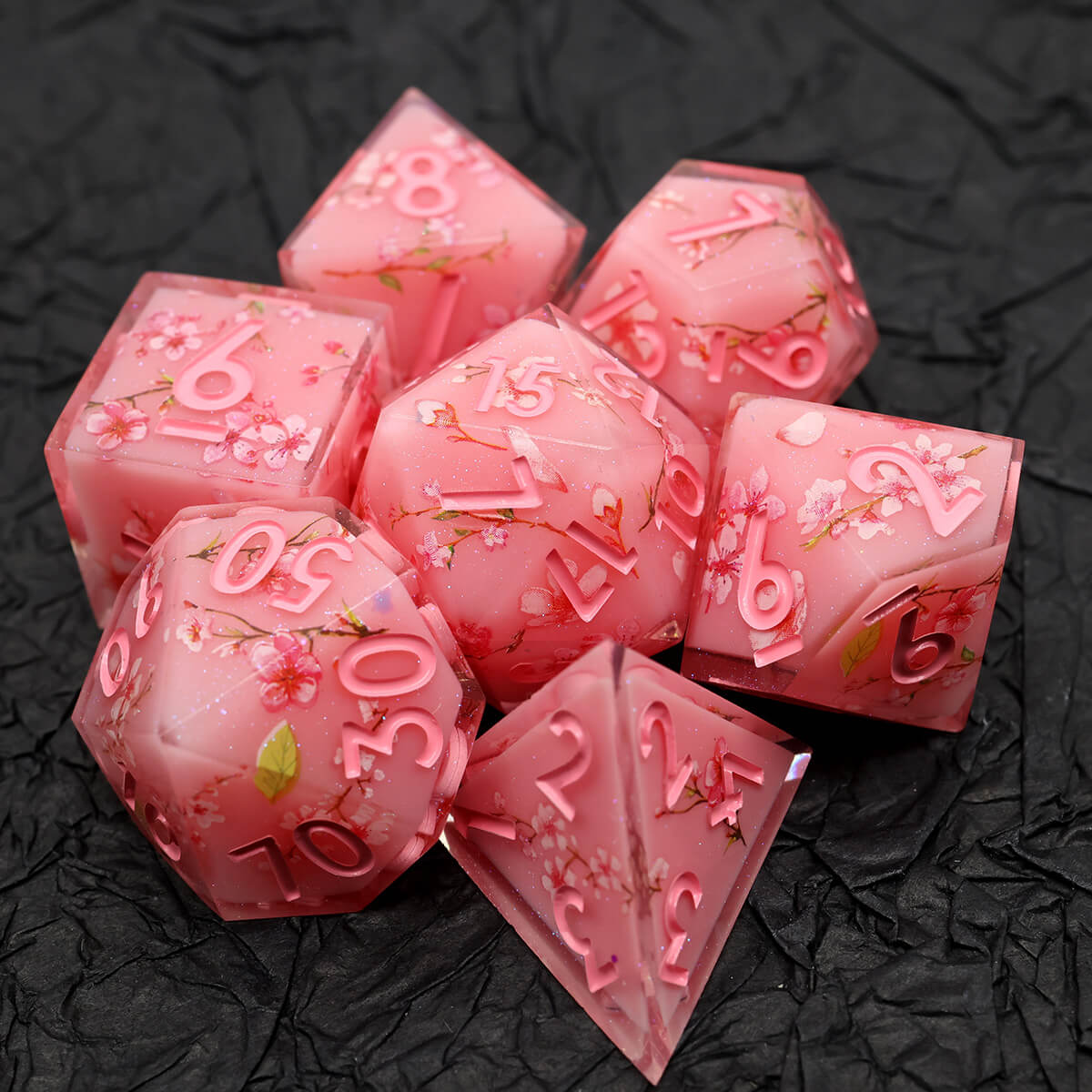 Sharp Edge Layered Pink Flower DND Dice Set 7-Piece - Dice of Dragons