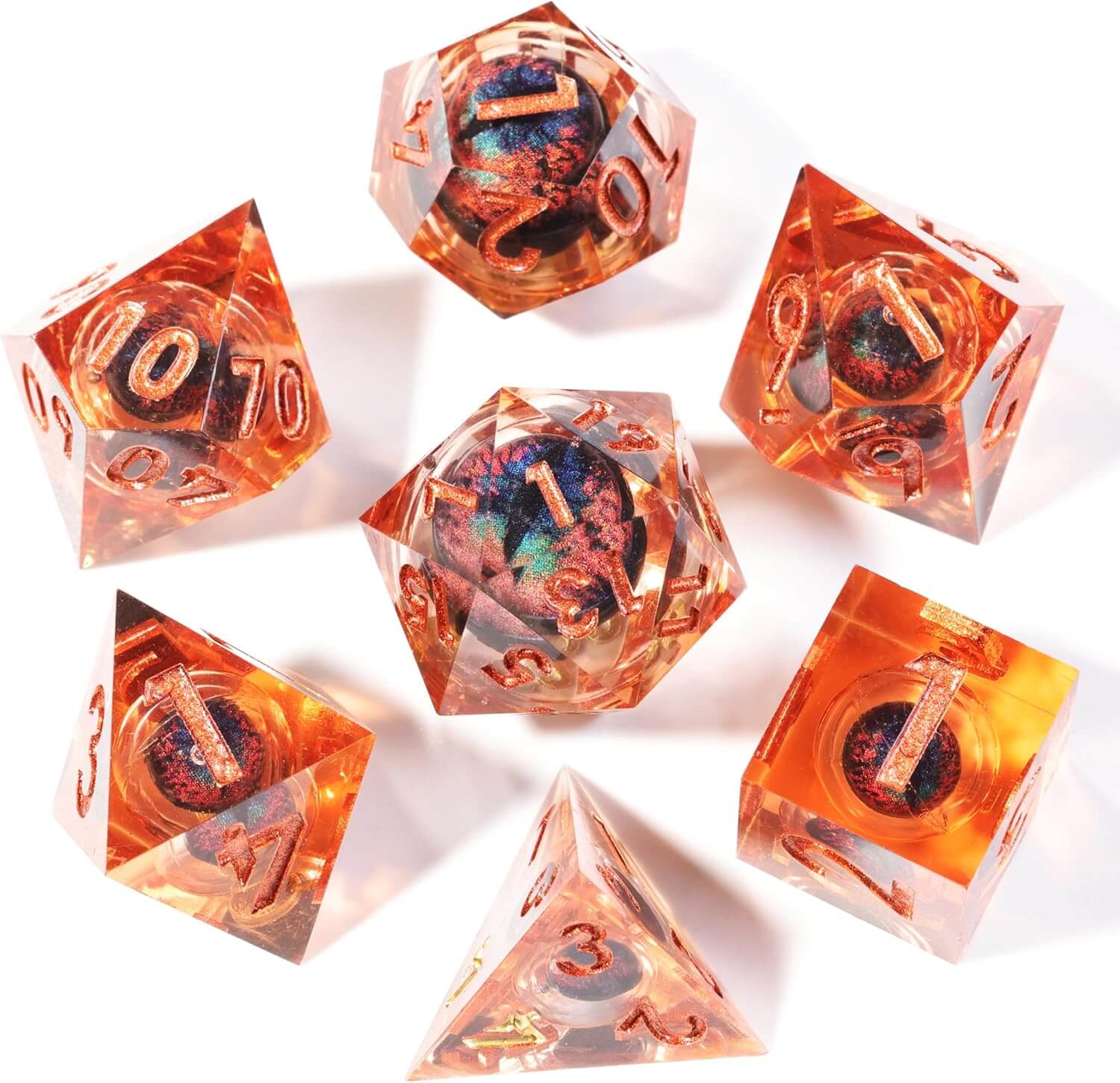 Sharp Edge Liquid Dragon Eye Polyhedral Resin 7-Piece D&D Dice Set - Dice of Dragons