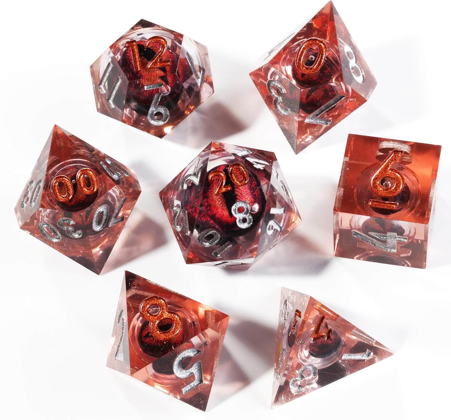 Sharp Edge Red Dragon Eye Polyhedral Resin 7-Piece D&D Dice Set - Dice of Dragons