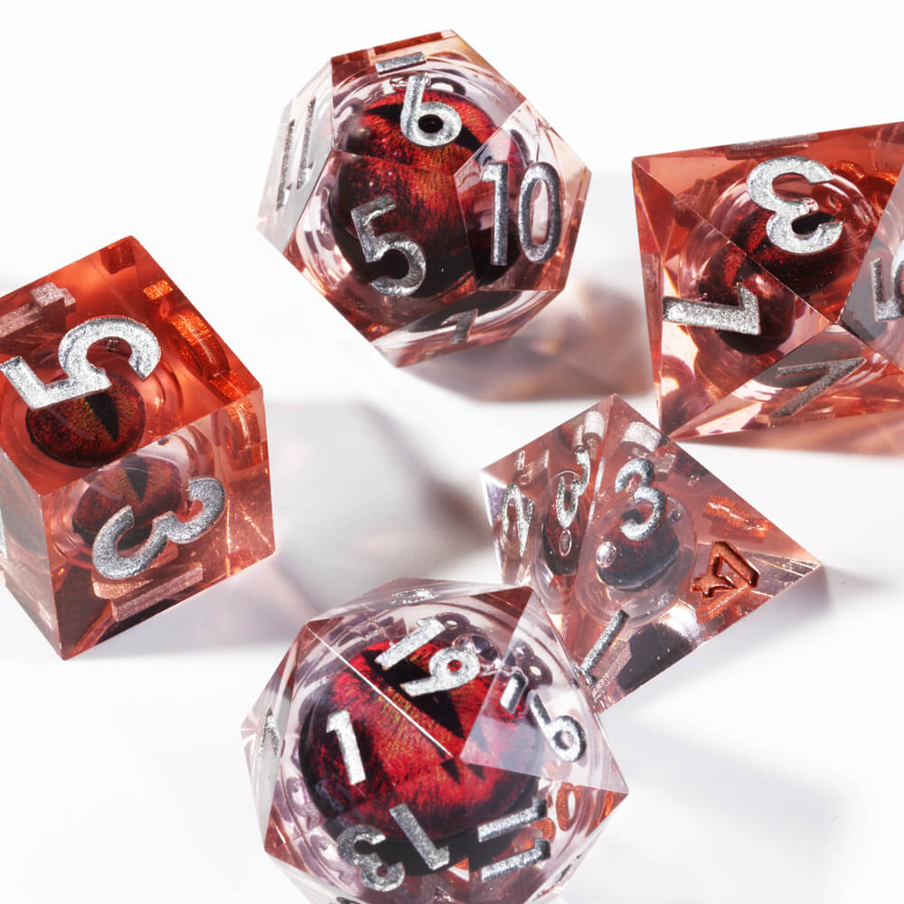 Sharp Edge Red Dragon Eye Polyhedral Resin 7-Piece D&D Dice Set - Dice of Dragons