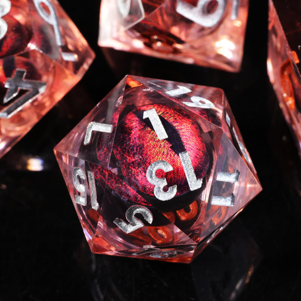 Sharp Edge Red Dragon Eye Polyhedral Resin 7-Piece D&D Dice Set - Dice of Dragons