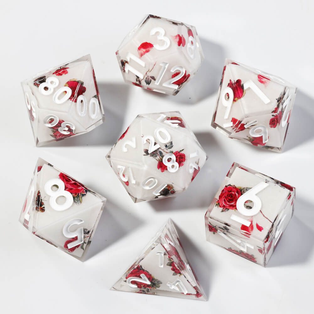 Sharp Edge Red Rose Polyhedral Resin 7-Piece D&D Dice Set - Dice of Dragons