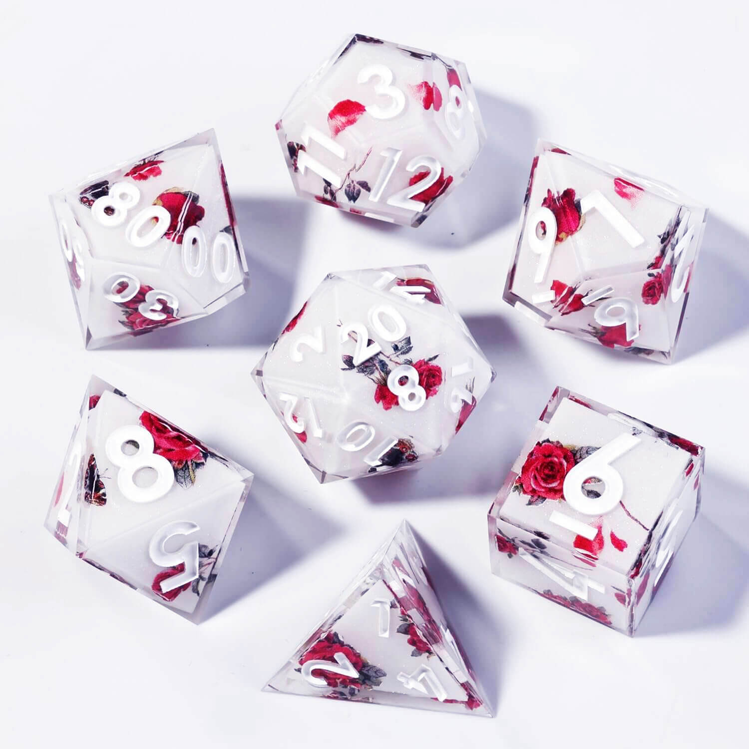 Sharp Edge Red Rose Polyhedral Resin 7-Piece D&D Dice Set - Dice of Dragons