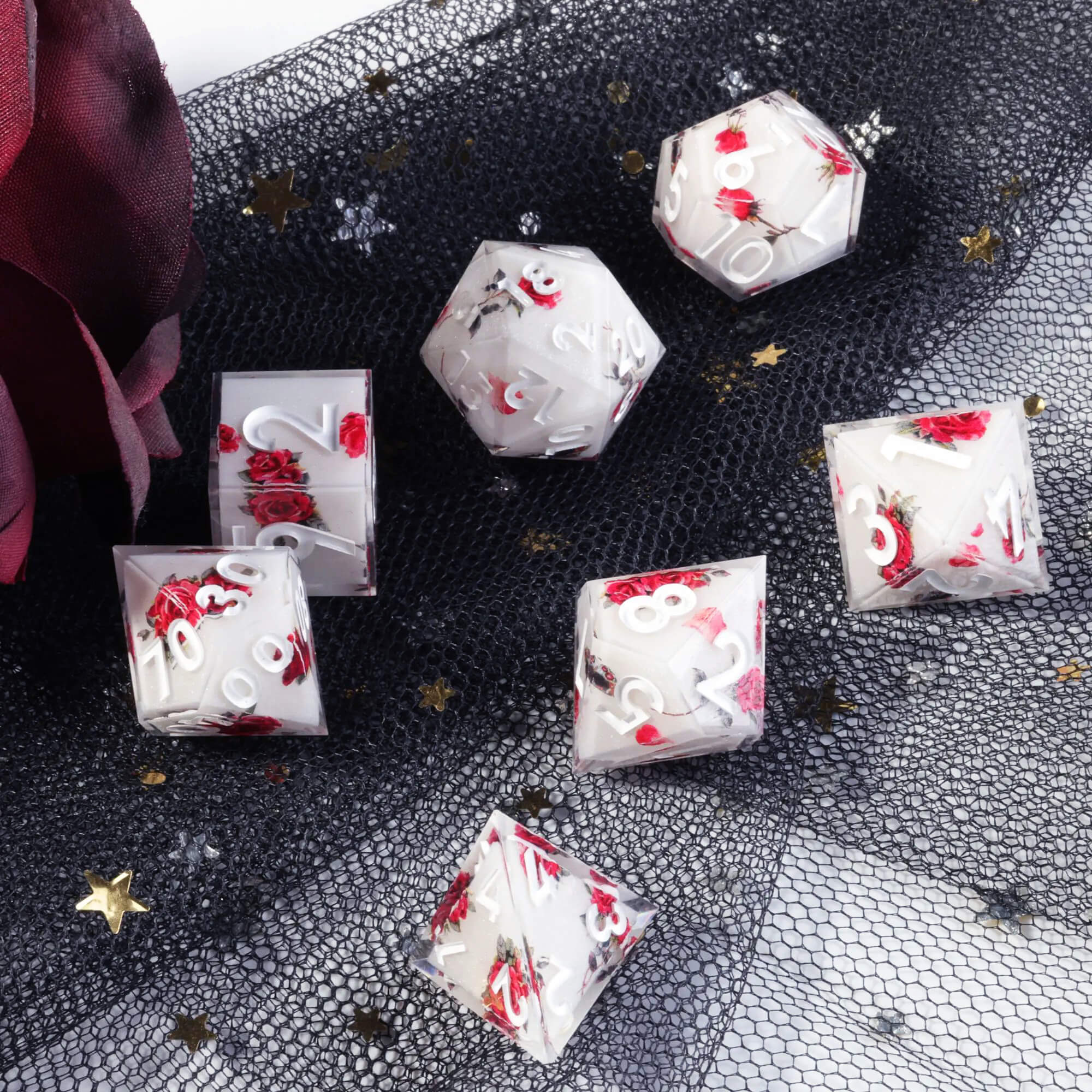 Sharp Edge Red Rose Polyhedral Resin 7-Piece D&D Dice Set - Dice of Dragons