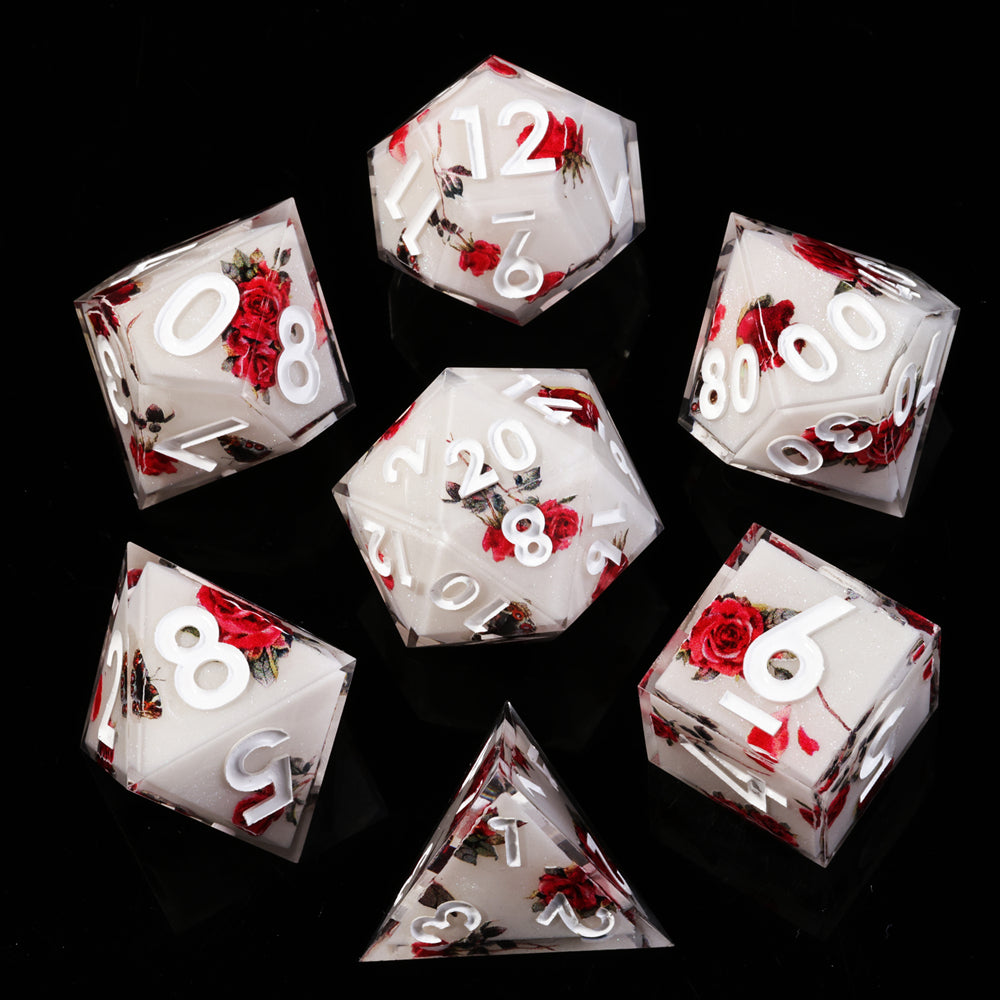 Sharp Edge Red Rose Polyhedral Resin 7-Piece D&D Dice Set - Dice of Dragons