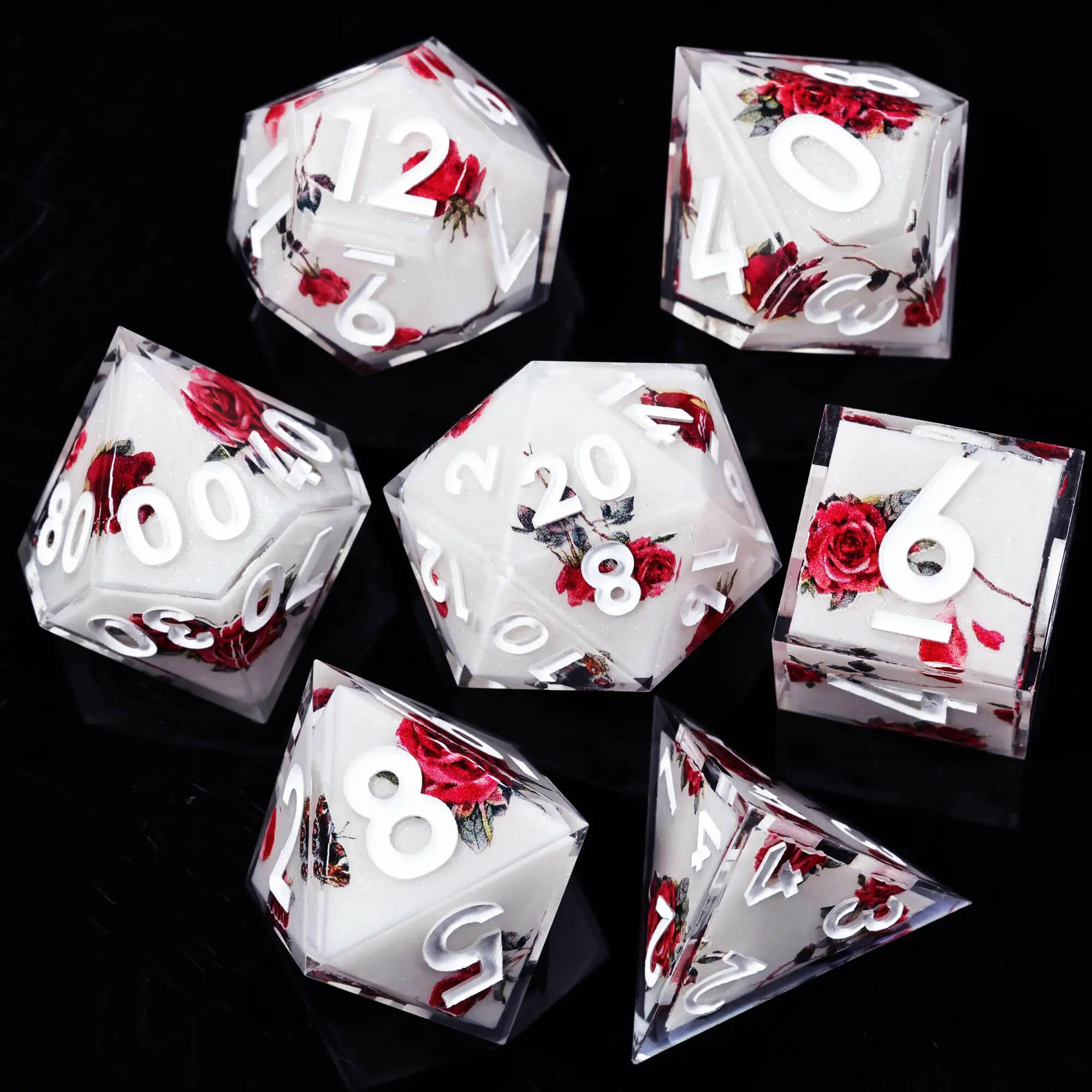 Sharp Edge Red Rose Polyhedral Resin 7-Piece D&D Dice Set - Dice of Dragons