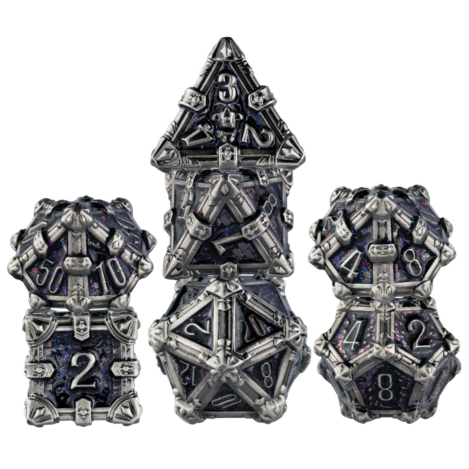 Skull Polyhedral Seven Metal DnD Dice Set - Antique Nickel - Dice of Dragons