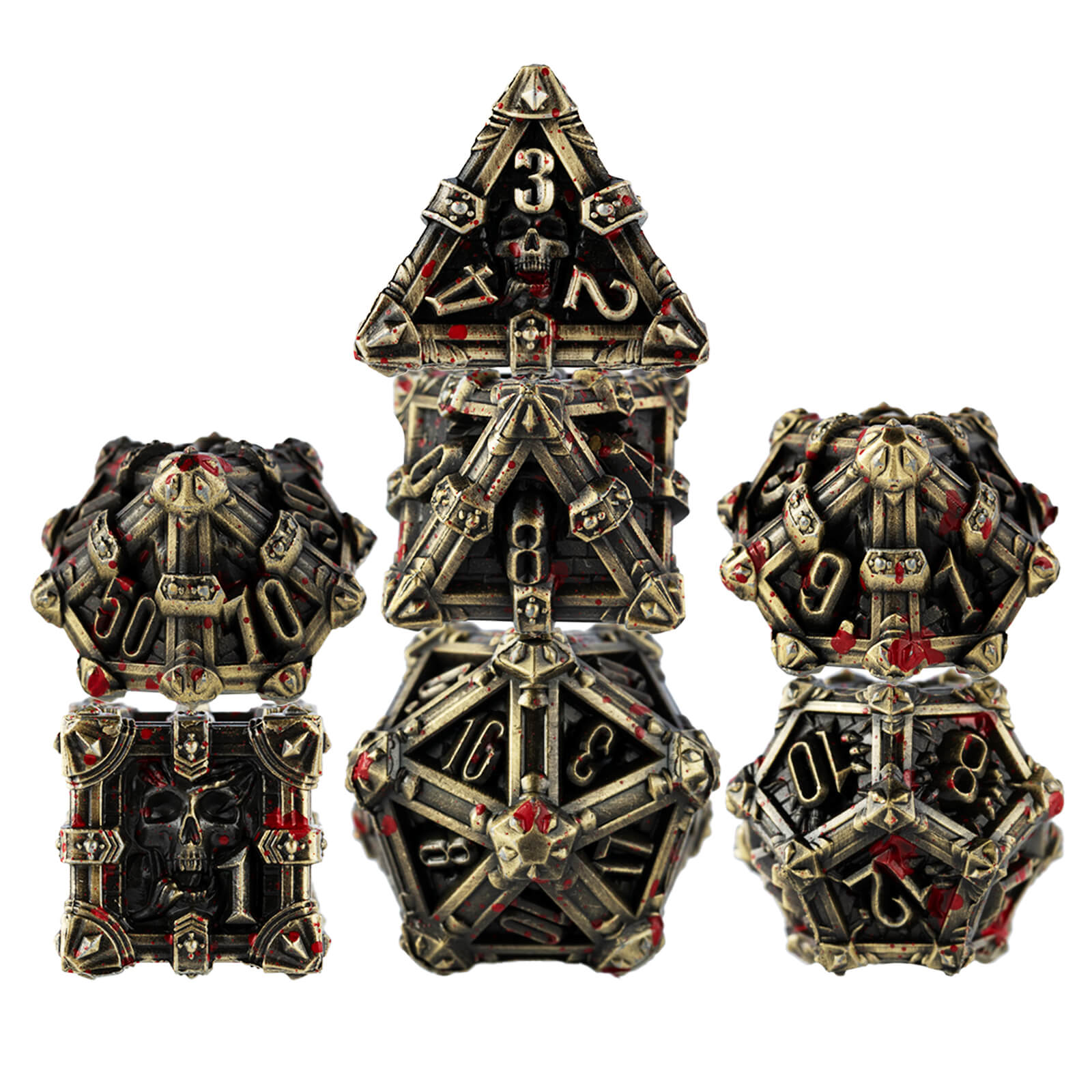 Skull Polyhedral Seven Metal Set of D&D Dice - Bronze Bloodstains - Dice of Dragons