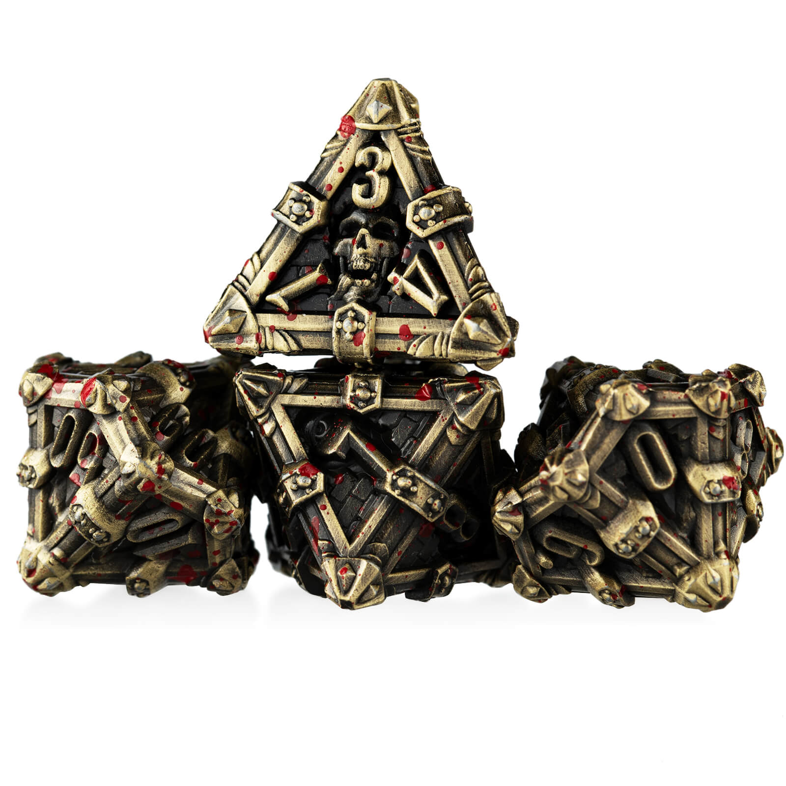 Skull Polyhedral Seven Metal Set of D&D Dice - Bronze Bloodstains - Dice of Dragons